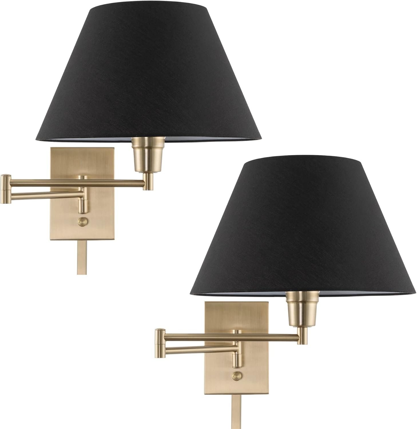 Kira Home Cambridge 15″ Set of 2 Modern Swing Arm Gold Wall Sconce with Black Empire Fabric Shade, 2-in-1 Plug in or Hardwired Gold Wall Lamp with Dimmer Switch, Cool Brass Finish