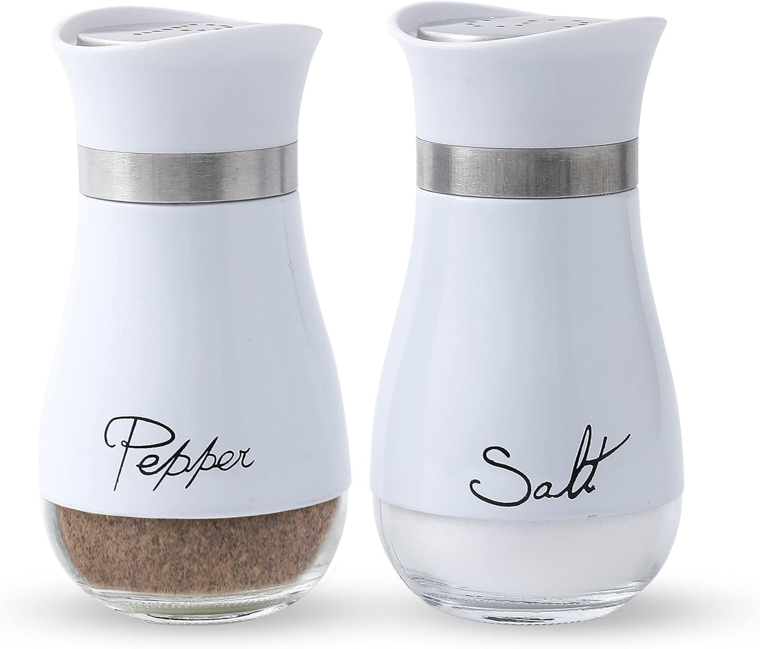 Lonffery Salt and Pepper Shakers Set – Salt Containers for Gifts, Kitchen Decor, Home, RV, Camp, BBQ, 4 oz Farmhouse Spice Dispenser with Glass Bottom, White, Set of 2