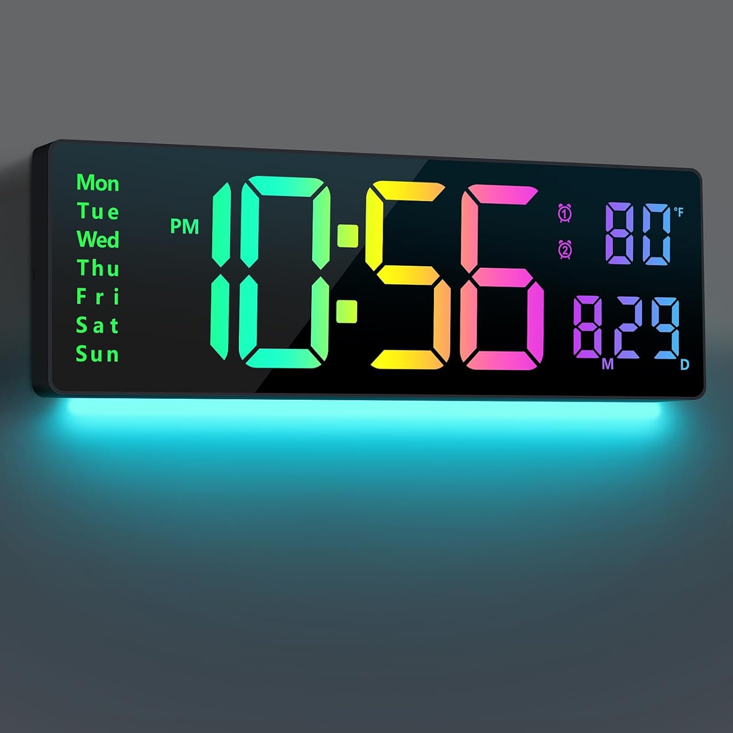 Digital Wall Clock Large Display 16″, Digital Clock with 11 RGB Colors Changing Remote Control, LED Clocks with Night Lights for Living Room Bedroom Office Classroom Decor, Auto DST (Multicolor)