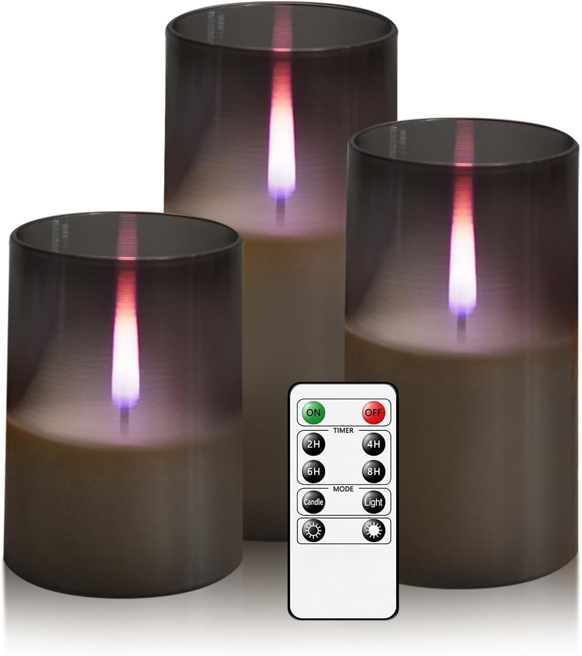 kakoya Flameless Candles Upgraded Realistic Flickering Flame,Battery Operated LED Candles with Remote Timers,Acrylic Electric Candles Set of 3(D 3″ xH 4″ 5″ 6″)（Grey）