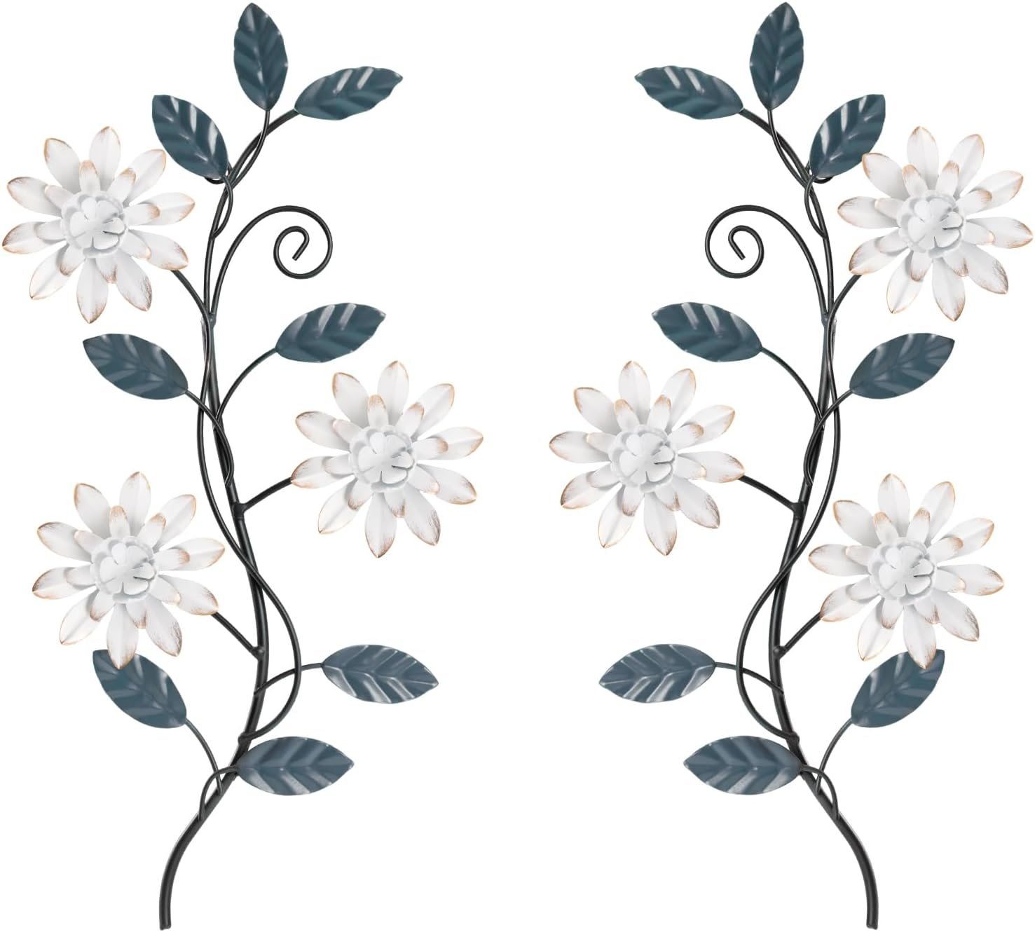 KHJCXS 2 Pieces Metal Flower Leaf Wall Art, 15.1″×7.3″ Modern Rustic Iron Artwork Hanging Decor for Home Bedroom Living Room Dining Room Kitchen Hallway Office (White)
