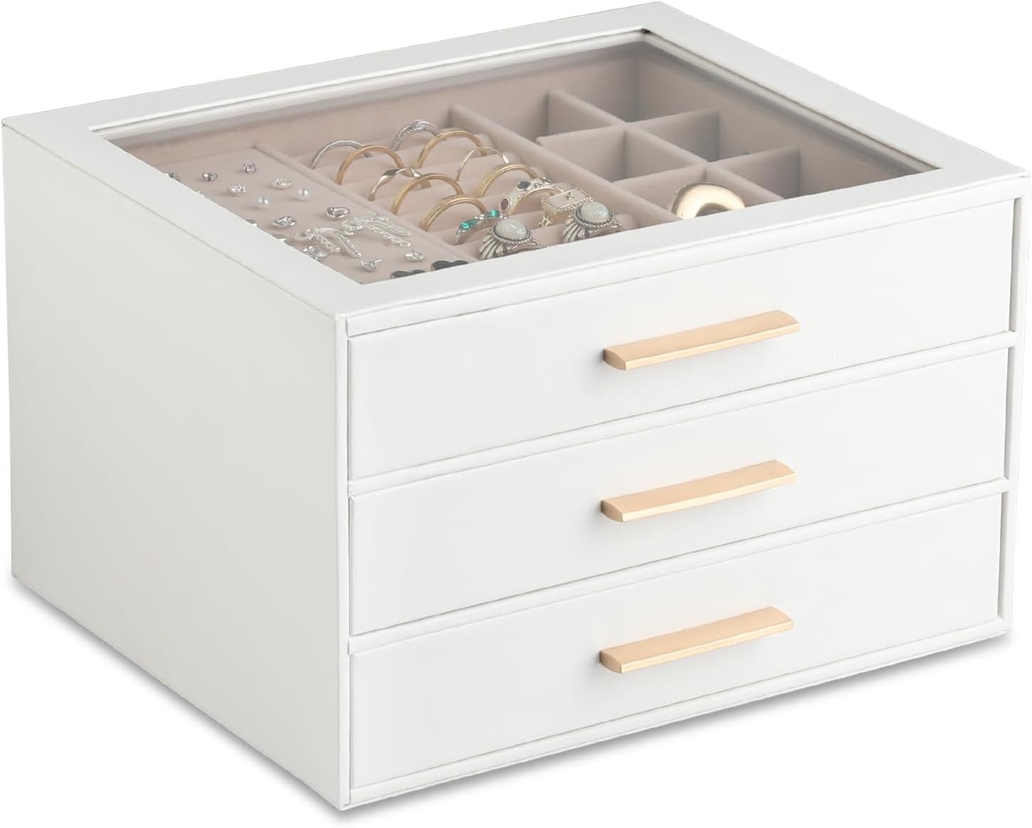 Frebeauty Clear Lid Jewelry Box,3-Layer Jewelry Organizer with Drawer,PU Leather Jewelry Organizers and Storage,Jewelry Boxes for Women,Jewelry Storage for Rings Earring Stud,Gift for Women(White)