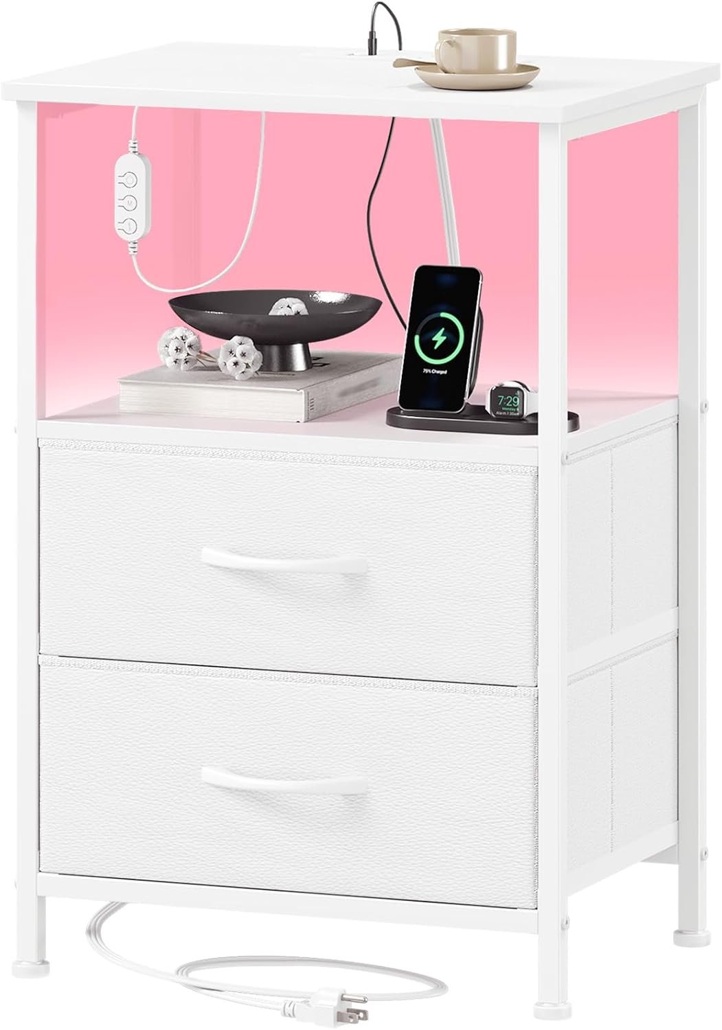 Somdot White Nightstand with Charging Station and LED Light for Bedroom, 2 Drawers Dresser with Fabric Bins for Bedside Kids Dorm Room Closet Laundry Entryway, White Leather