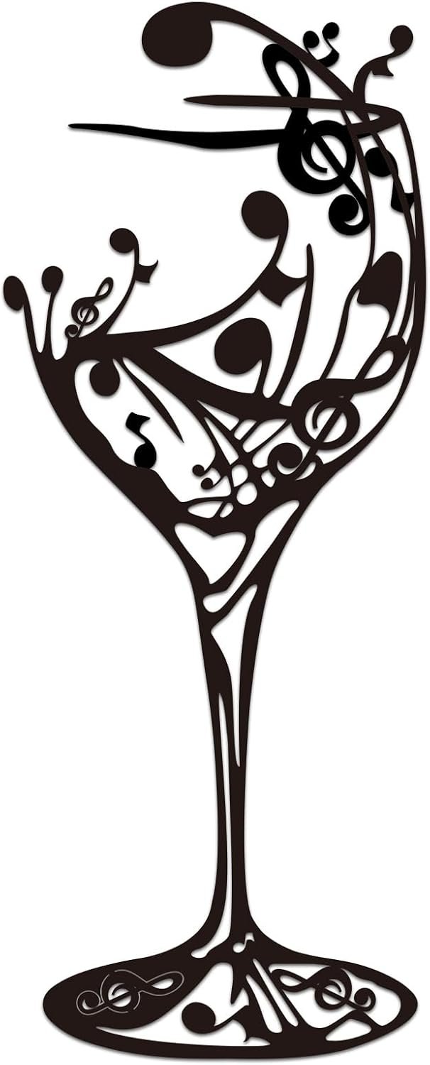 Oubasa Black Metal Wall Art for Kitchen – A Glass of Dancing Notes, Wine Decor for Dinning Room, Bar Metal Sign, 5.7 x 14.2inches
