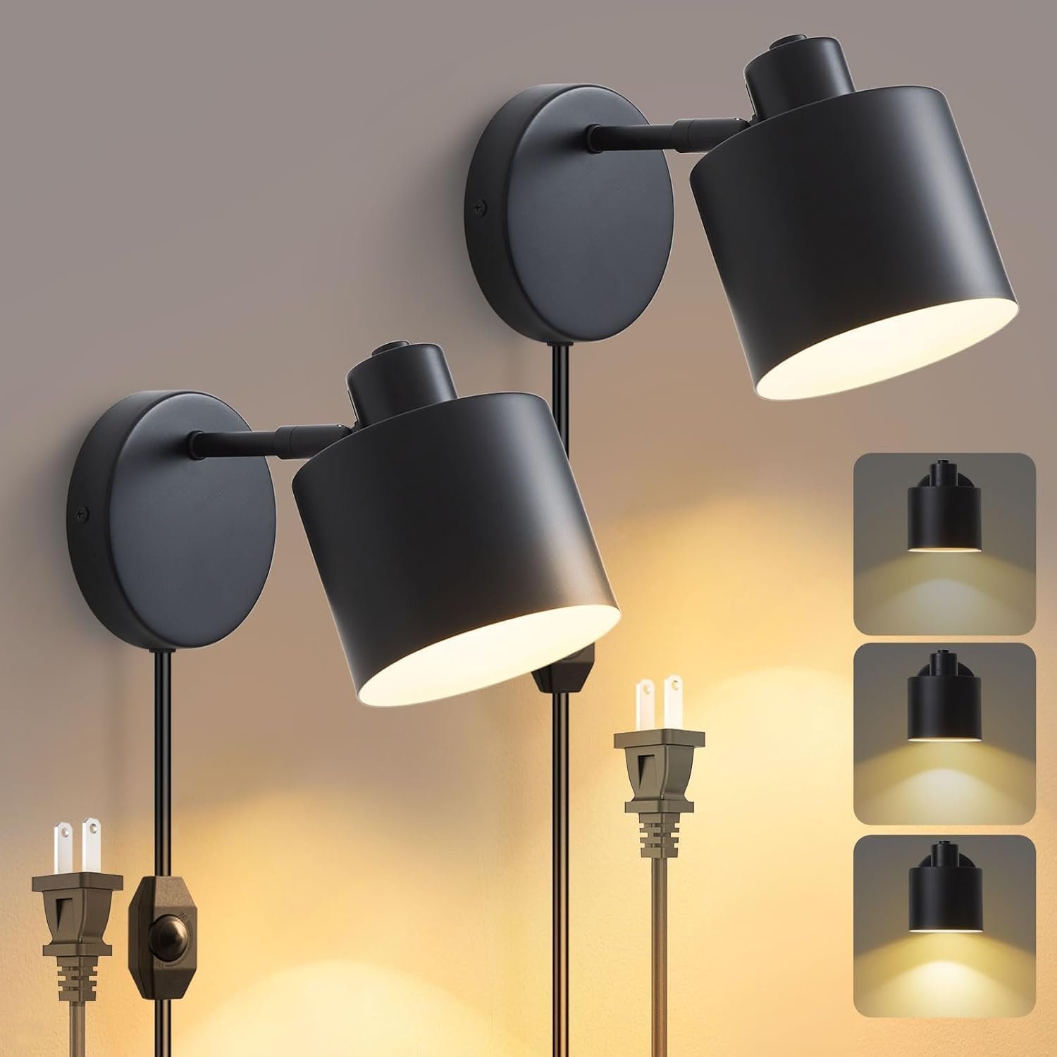 Lightess Plug in Wall Sconces Set of 2 with Switch, 350° Rotatable Dimmable Corded Wall Sconce, Black Wall Lamps for Bedroom Living Room Hallway Kitchen Bedside (Bulb Not Included)