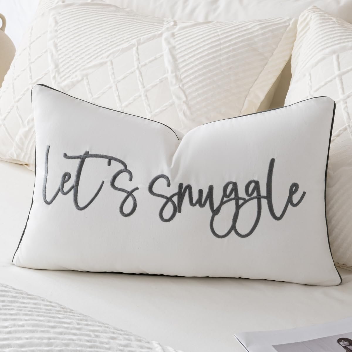 Sunkifover Let’s Snuggle Decorative Lumbar Pillow Cover – 12×20 Inch White and Grey Cotton Embroidery Throw Pillowcase for Bed, Bedroom, Living Room, Home Decor