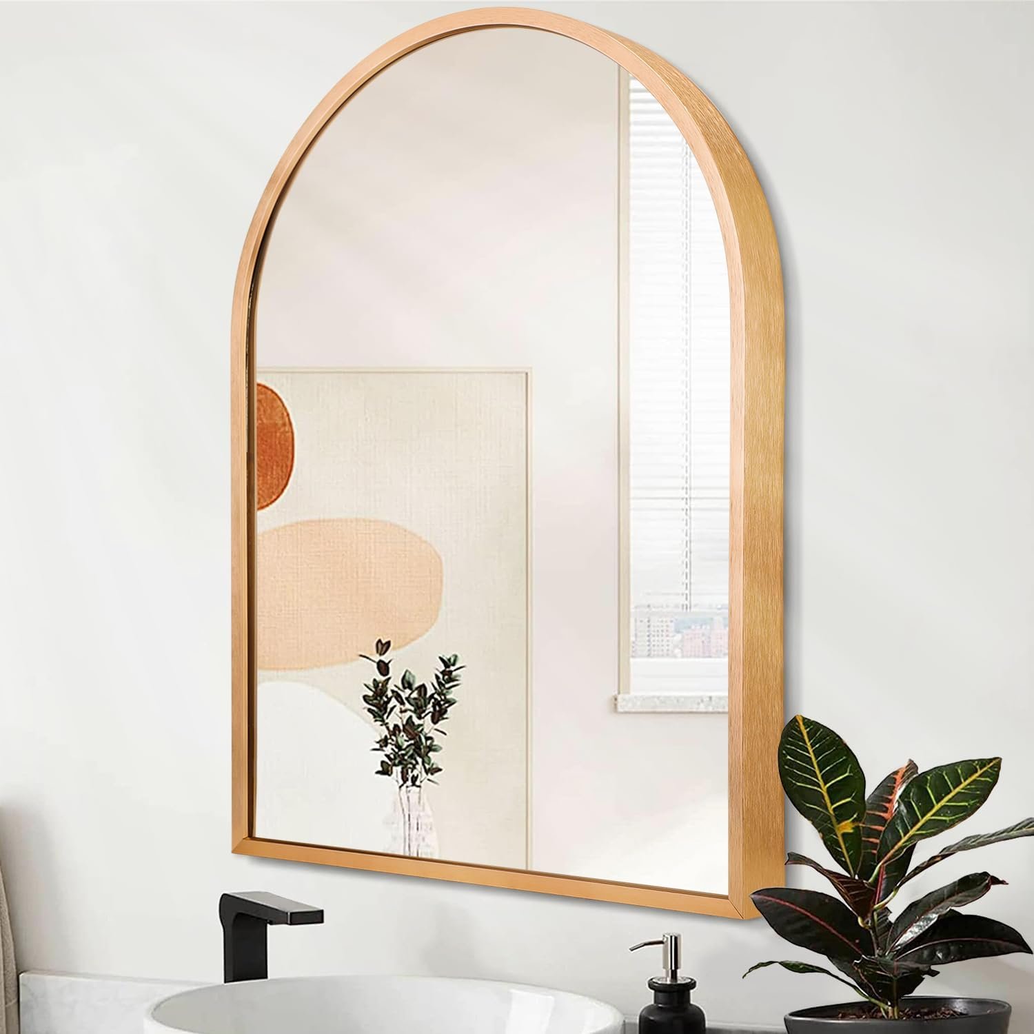 Wall Mirror Arched Bathroom Mirrors, Aluminum Alloy Frame Hanging Vanity Mirror for Living Room Bedroom Entryway Vanity, Brushed Metal Framed Wall Mounted Mirror Gold 16″x12″