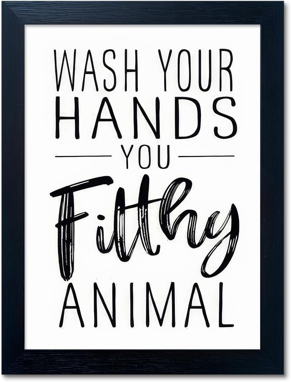 Bathroom Quotes Wall Decor, Black and White Bathroom Wall Art, Toilet Decor Signs Small Black Framed Canvas Art for Kid’s Washroom