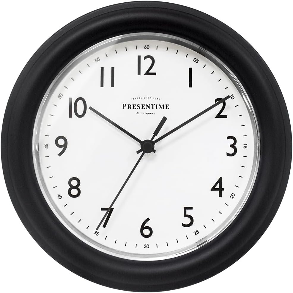 PresenTime & Co. 8.5″ Modern Farmhouse Essential Wall Clock, Silent non Ticking, Black Color. (Wall Clock for Office, Home, Bathroom, Kitchen, Bedroom, and School)