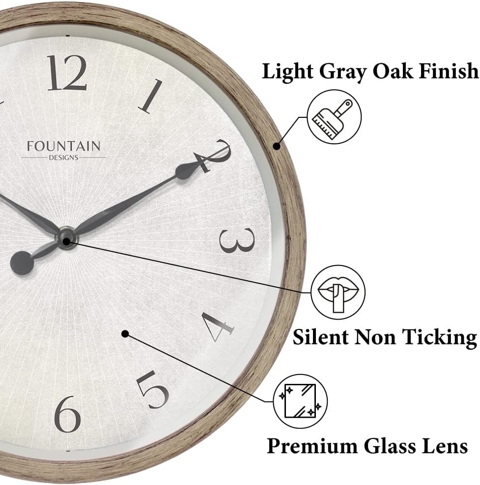 10″ Modern Farmhouse Clock, No Ticking Silent Clock, Modern and Vintage, Light Gray Oak Finish. (Wall Decoration Timepiece)