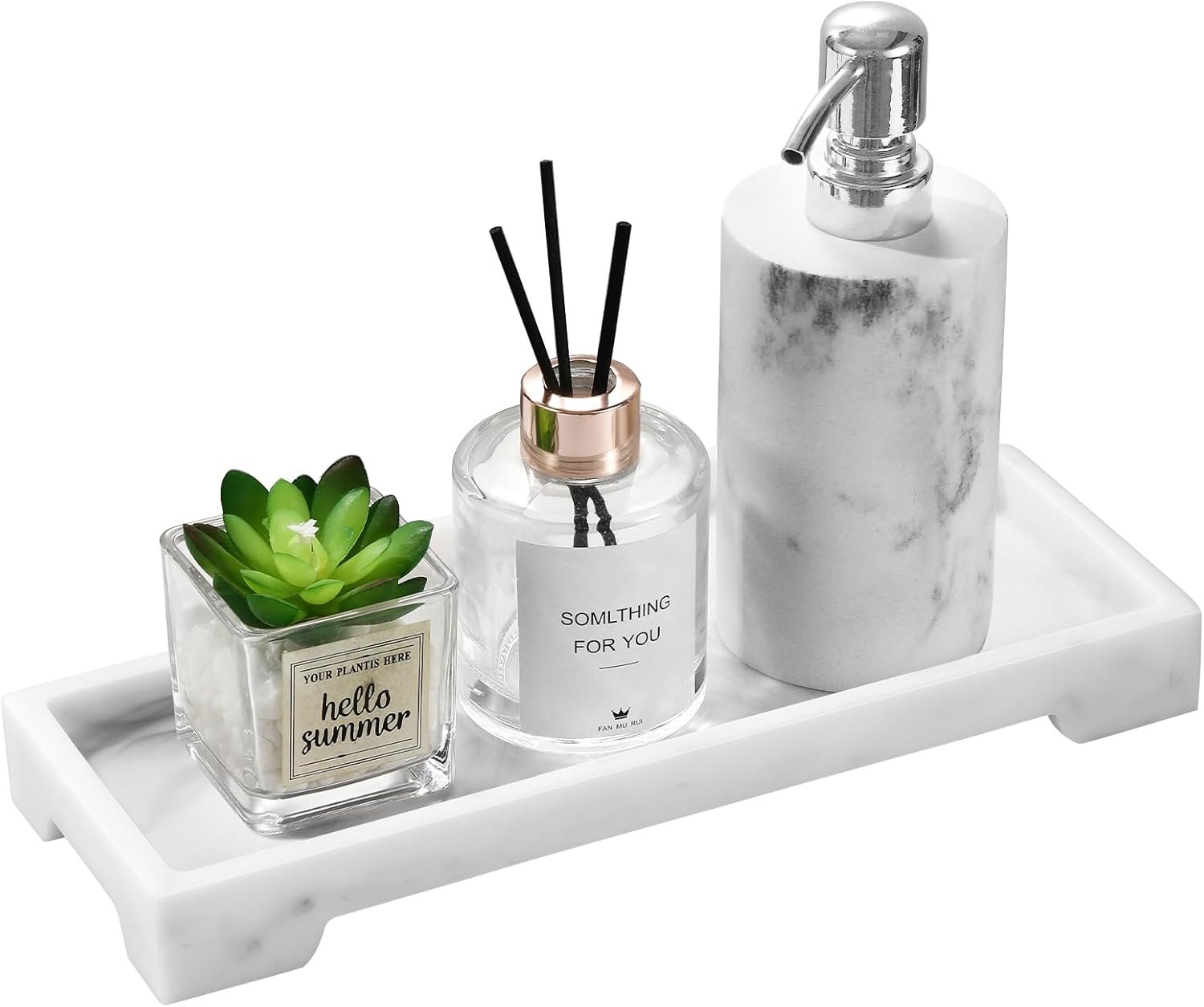 Luxspire Bathroom Vanity Tray, Resin Toilet Tank Tray, Kitchen Trays, 11″ x 4″ Rectangle Bathroom Tray for Counter, Marble Tray for Soap Dispenser Perfume Jewelry, Small, White Marble