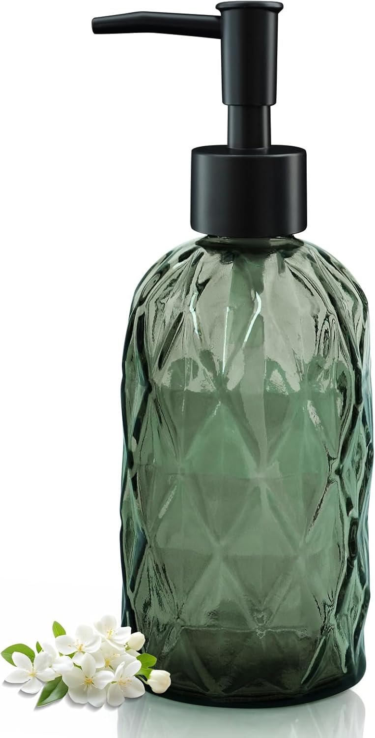 Green Glass Soap Dispenser for Bathroom and Kitchen, 12 Oz Refillable Liquid Hand soap Dispenser with Plastic Pump, Clear Small Diamond Design Modern Vintage Liquid Soap Dispensers Bottle