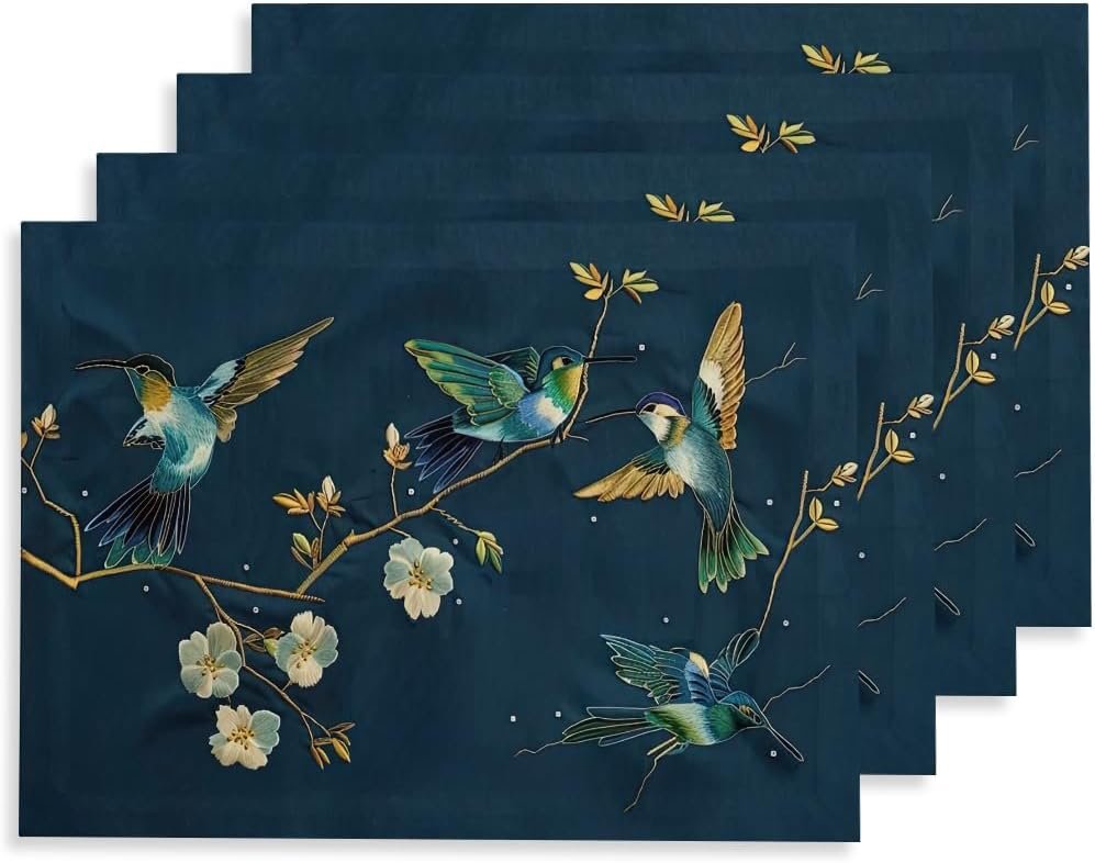 12″x18″ Navy/Green Hummingbird Golden White Flowers Placemats Set of 4 Washable Thick Place Mats Kitchen Table Mats Decorative Linen Fabric Table Mat for Dining Table Kitchen Home Decor