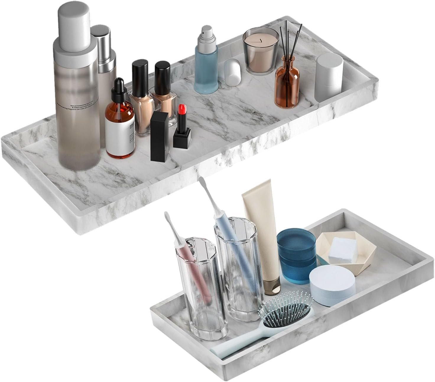 BBK Bathroom Vanity Tray – 2 Pack (7.8″ and 11.8″) Silicone Bathroom Trays for Counter, Perfume Key Trinket Ring Tray, Decor Soap Dispenser Countertop Tray for Kitchen Sink Organization (Marble Gray)