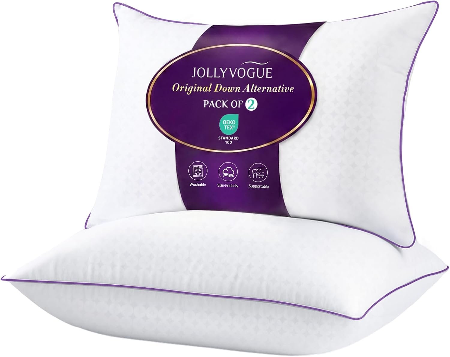 JOLLYVOGUE Firm Pillows Queen Size Set of 2, Supportive Bed Pillows with Oeko-Tex Certified Down Alternative Fill, Fluffy Hotel Quality for Back, Stomach and Side Sleepers