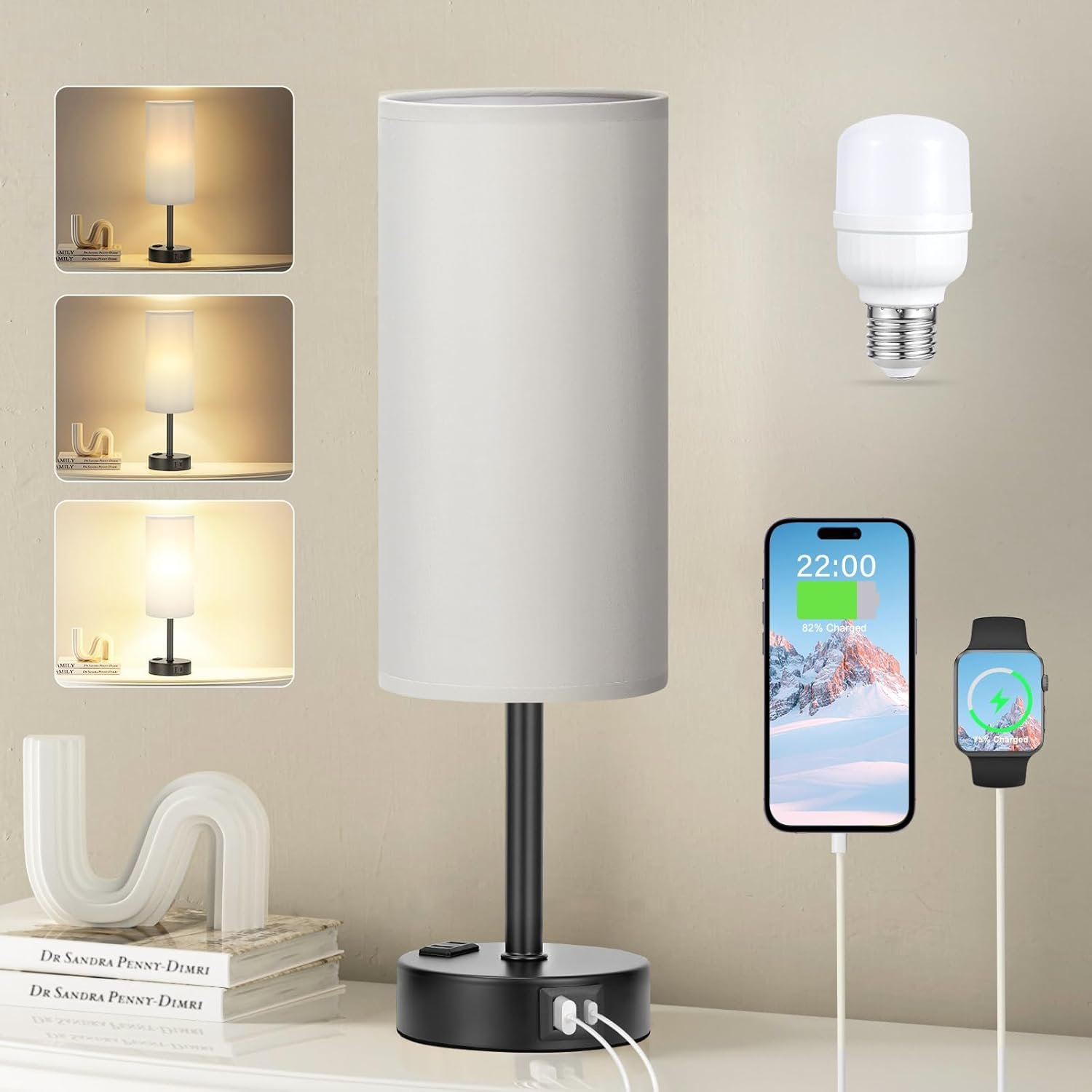 Fenmzee Grey Touch Bedside Lamp for Bedroom – 3 Way Dimmable Table Lamp USB C Charging Ports and AC Outlet, Small Desk Lamp for Living Room, Office, LED Bulb Included
