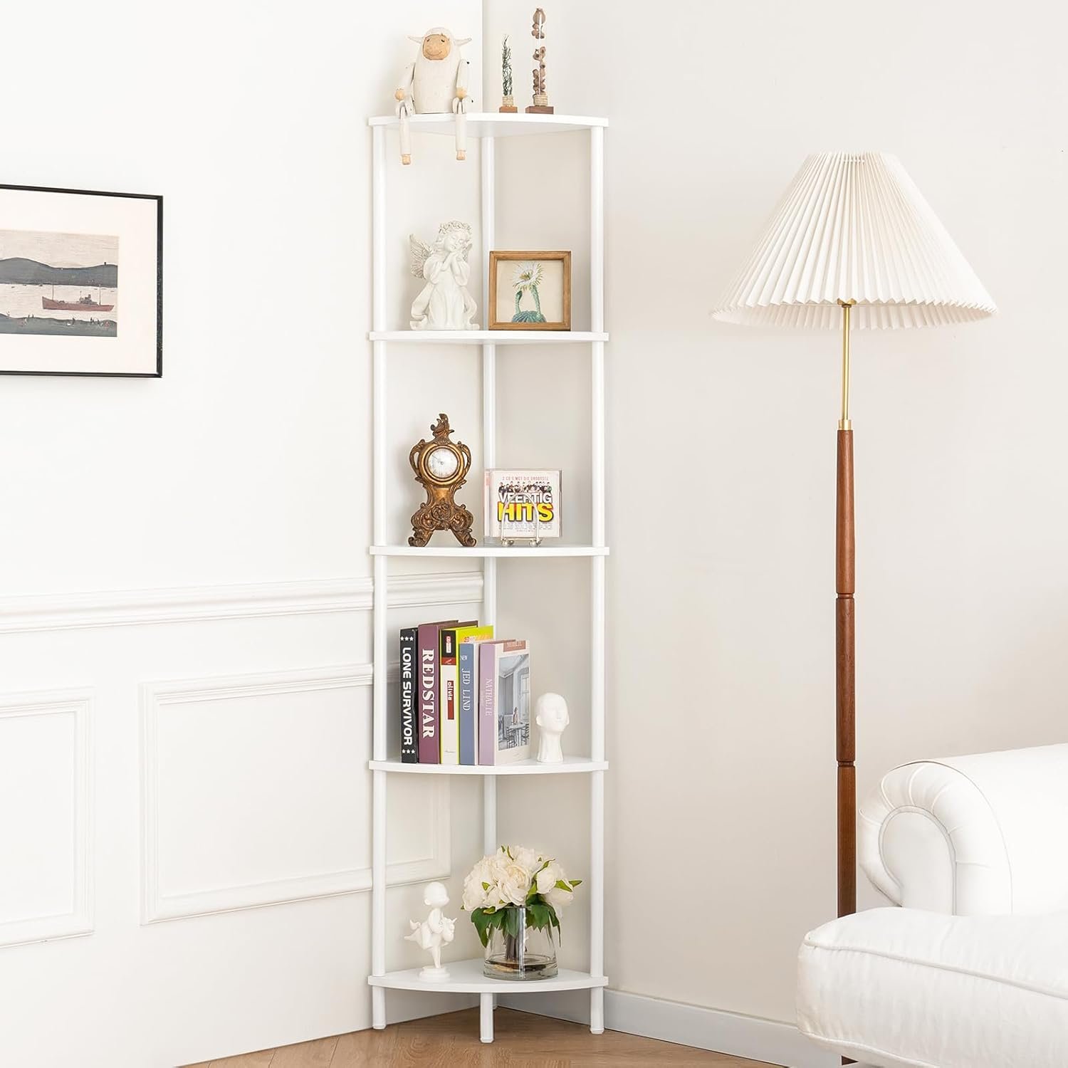 Yoobure Corner Shelf Stand, 5-Tier Bookshelf, 65″ Tall Shelves for Bedroom, Living Room, Narrow Display Shelf Bookcase, White Book Shelf with Display Shelves for Office