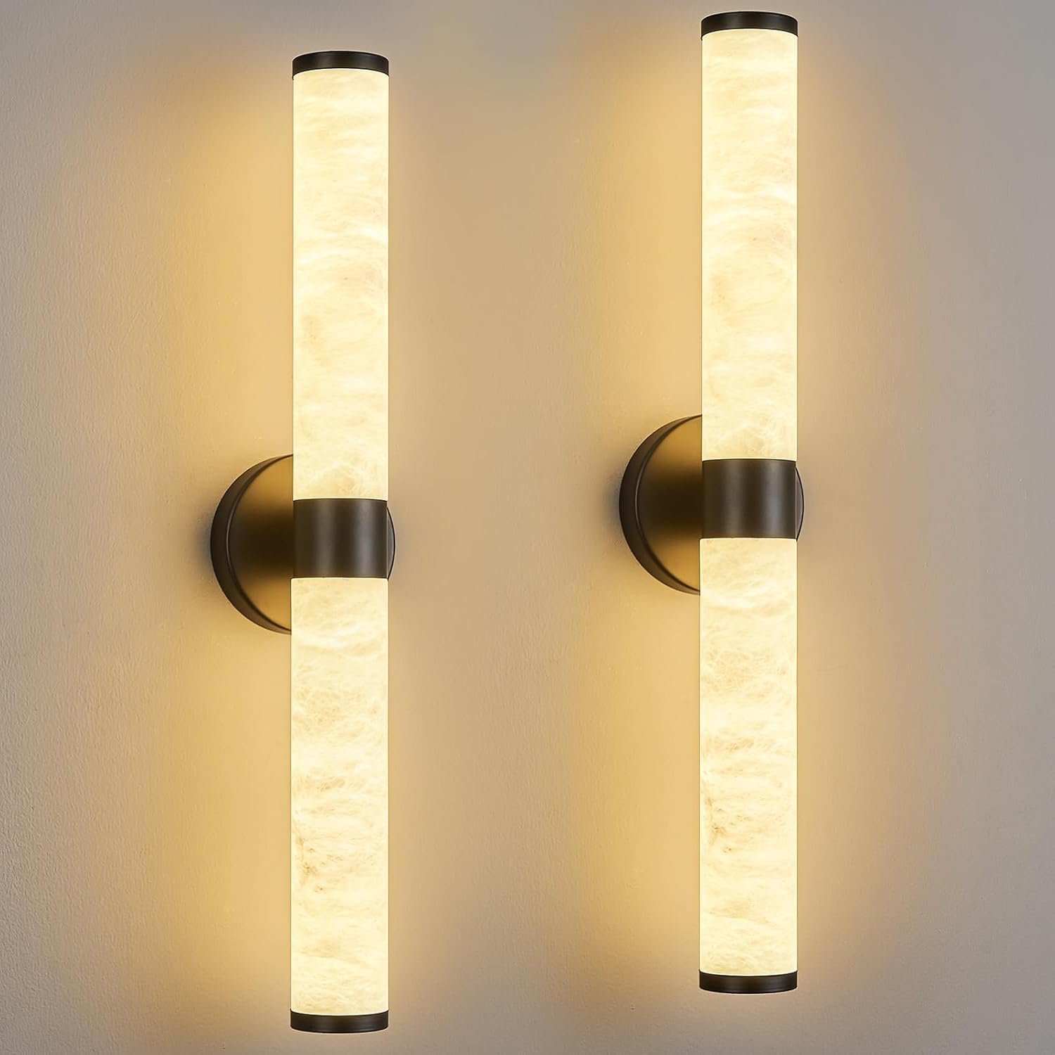 LMQNINE Natural Alabaster Wall Sconces Set of Two Modern Black LED Wall Lights 24″ Spanish Marble Cylinder Sconces for Living Room Bedroom Bathroom Hallway Staircase