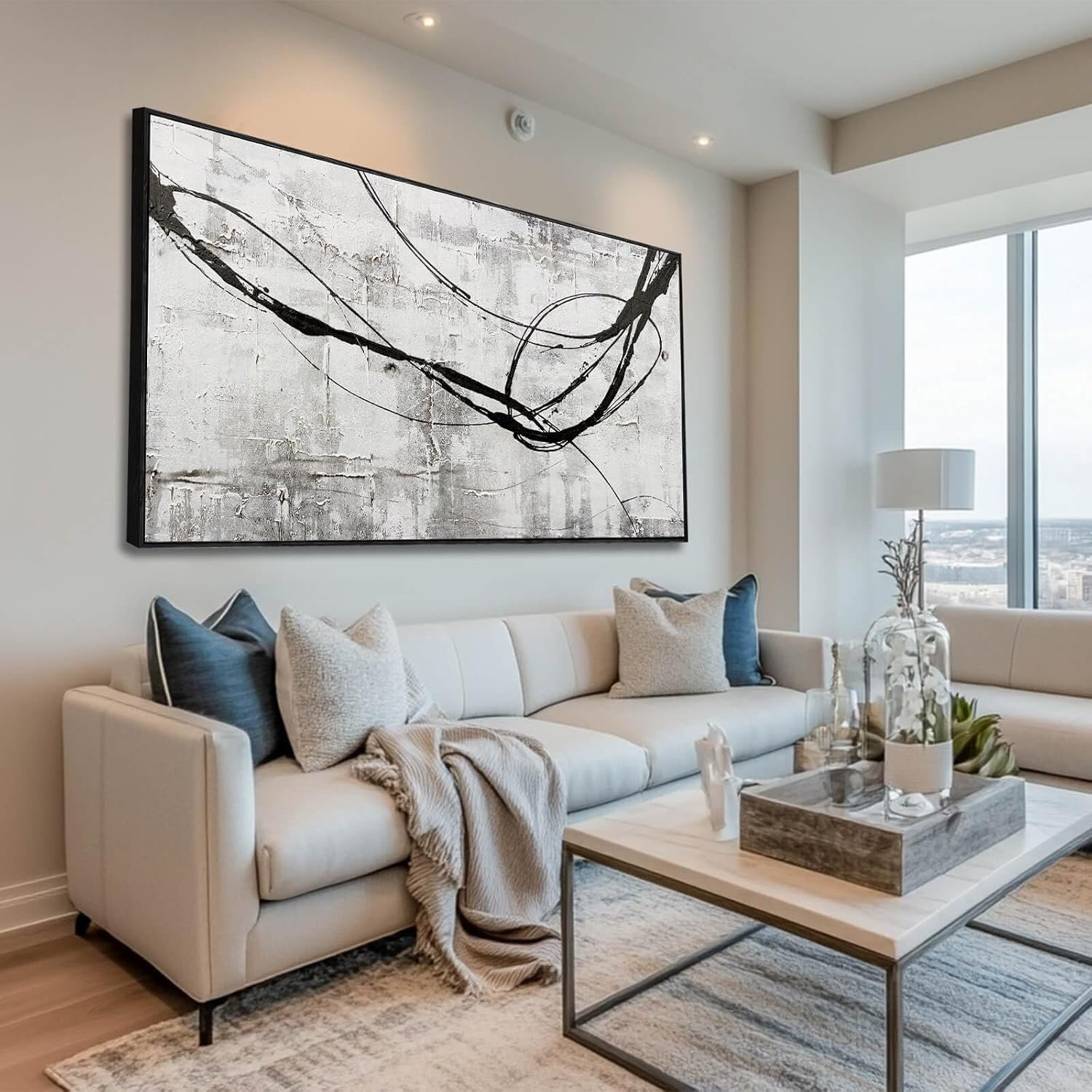 Abstract Framed Wall Art for Living Room White Pictures Canvas Black Arts Wall Decor Poster Prints Artwork for Hotel Gallery 24″x48″