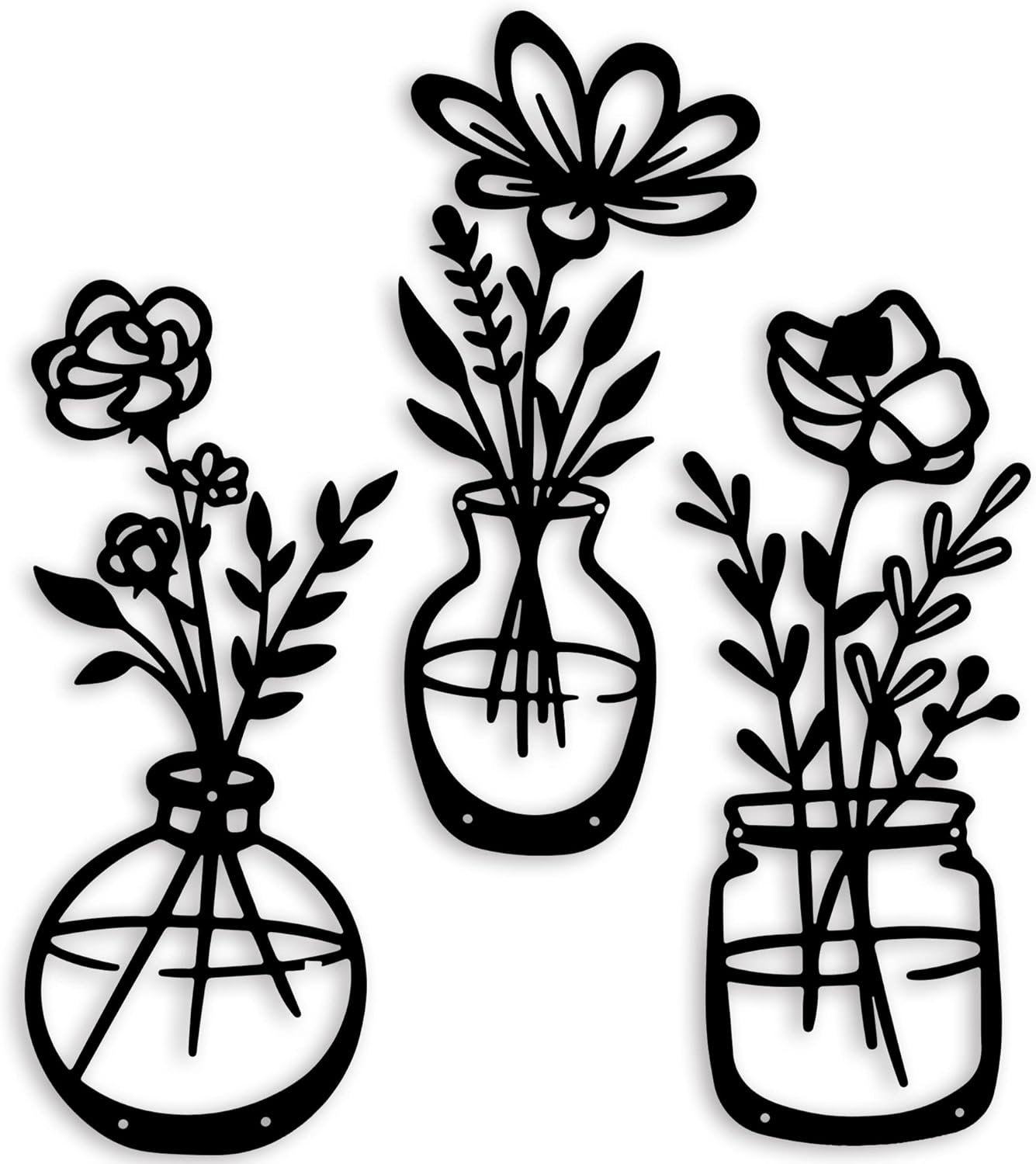qzmaikoo 3 Pieces Black Metal Flower Wall Decor, Floral Vase Wall Art, Farmhouse Metal Wall Hanging for Bathroom Kitchen Bedroom Hallway