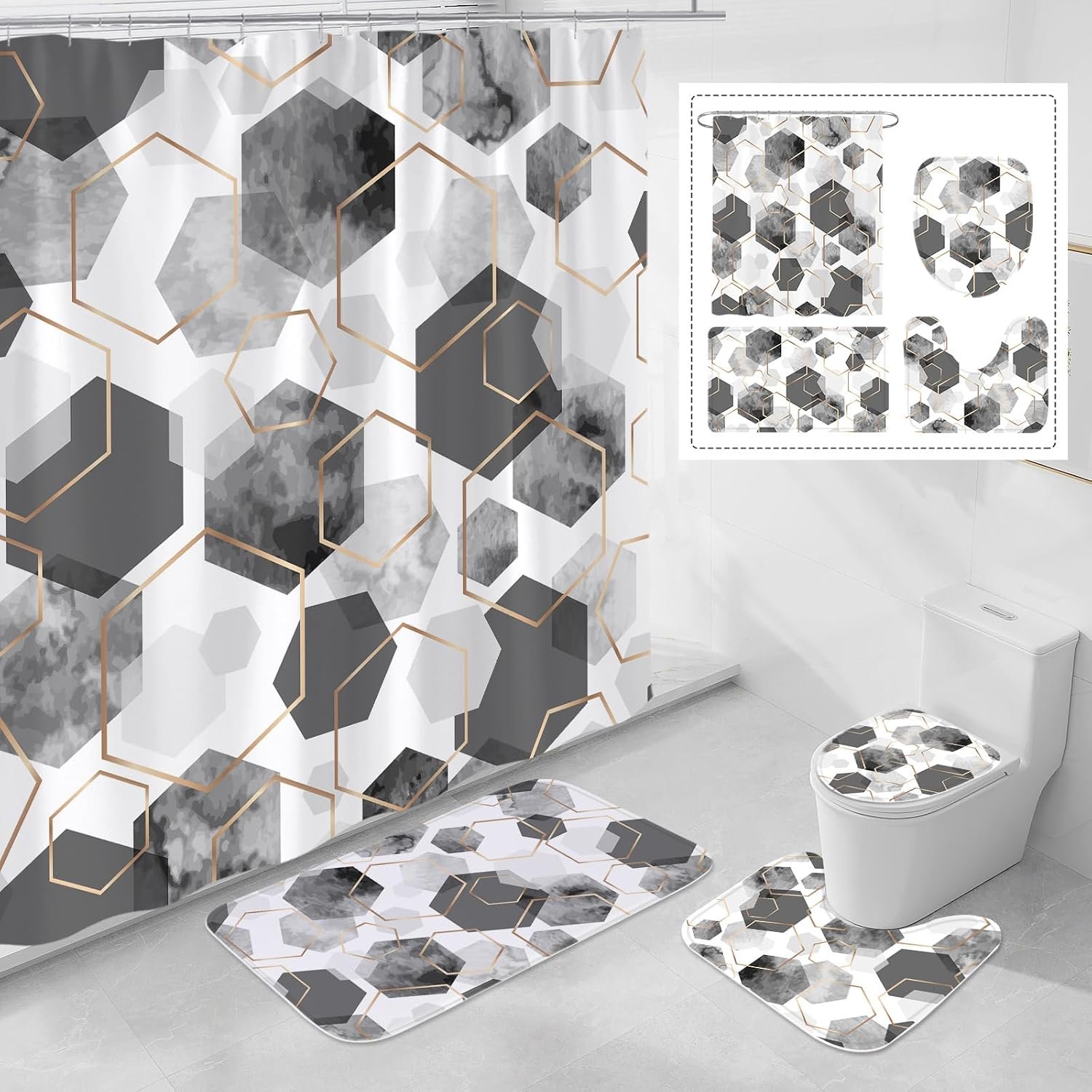 Litabel 4 Pcs Grey Modern Geometric Shower Curtain Set with Non-Slip Rugs, Toilet Lid Cover and Bath Mat, Gray Abstract Bathroom Decor Set with Shower Curtain and Rugs