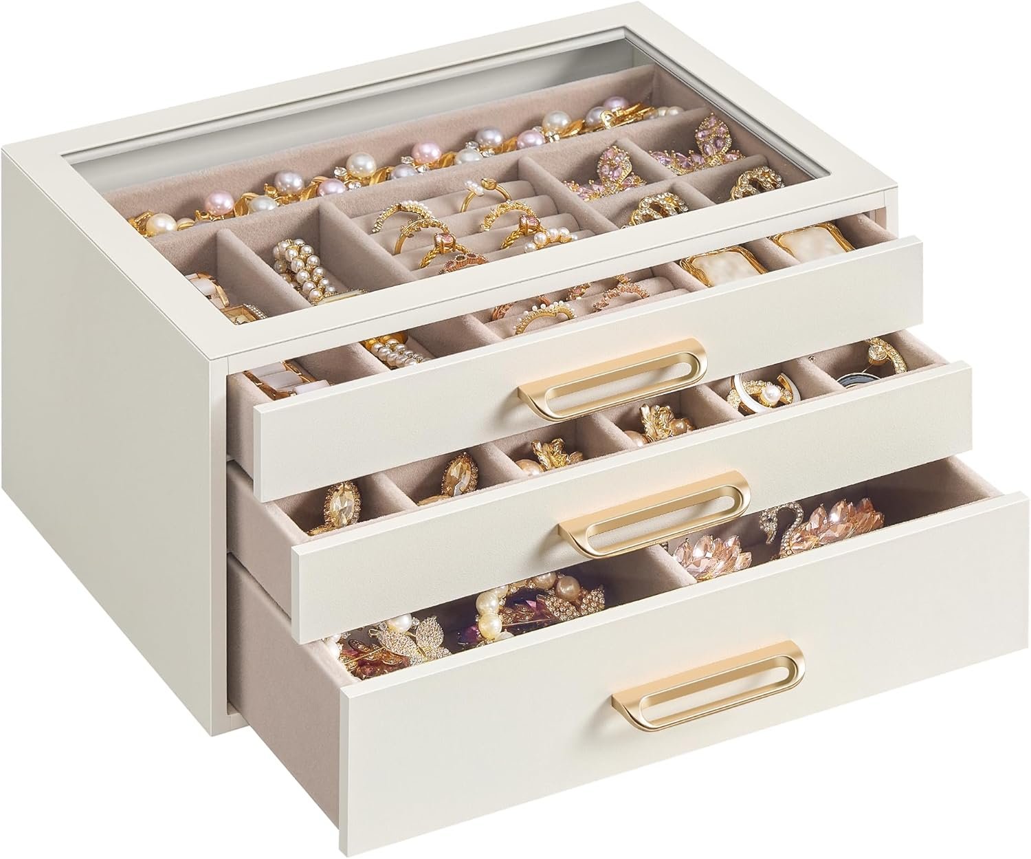 SONGMICS 3-Layer Jewelry Box with Glass Window, Jewelry Storage Organizer with 3 Drawers, Golden Handles, for Rings, Earrings, Bracelets, Gift Idea, Cream White, 6.3 x 9.4 x 4.9 Inches UJBC206WD02S