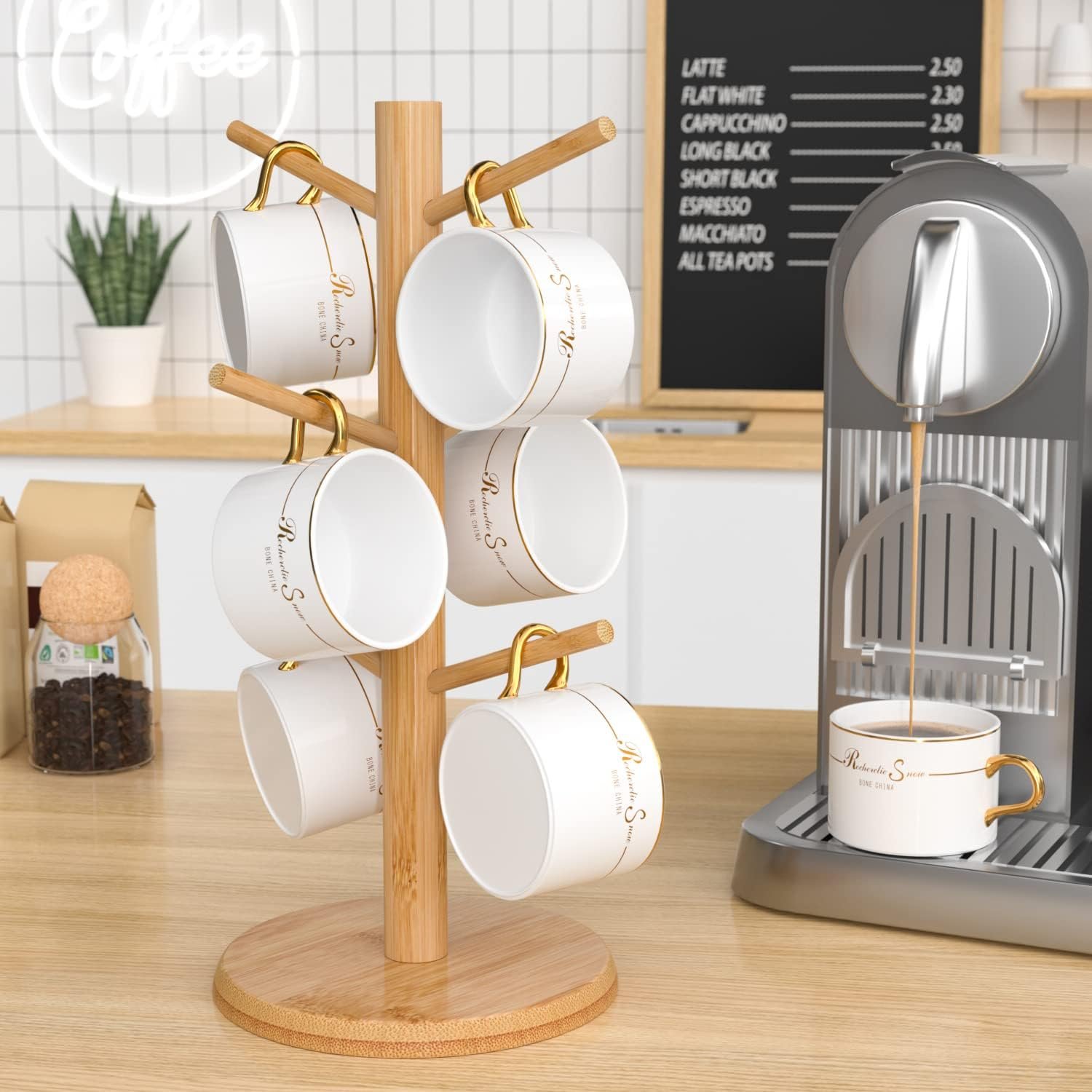 Wisuce Bamboo Mug Tree with Thicker Base – Countertop Coffee Cup Stand with 6 Hooks