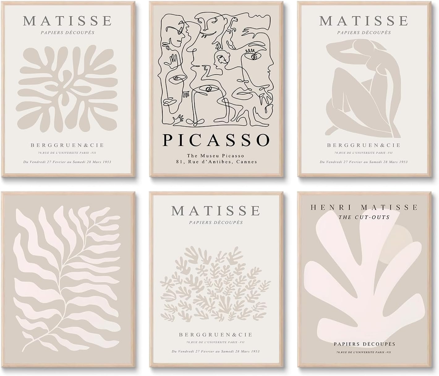 Laywhq Henri Matisse Wall Art Abstract Flower Canvas Wall Decor Neutral Gray Beige Picasso Line Mid Century Aesthetic Paintings Prints Posters for Bedroom Living Room Gallery Set of 6 8x10in Unframed