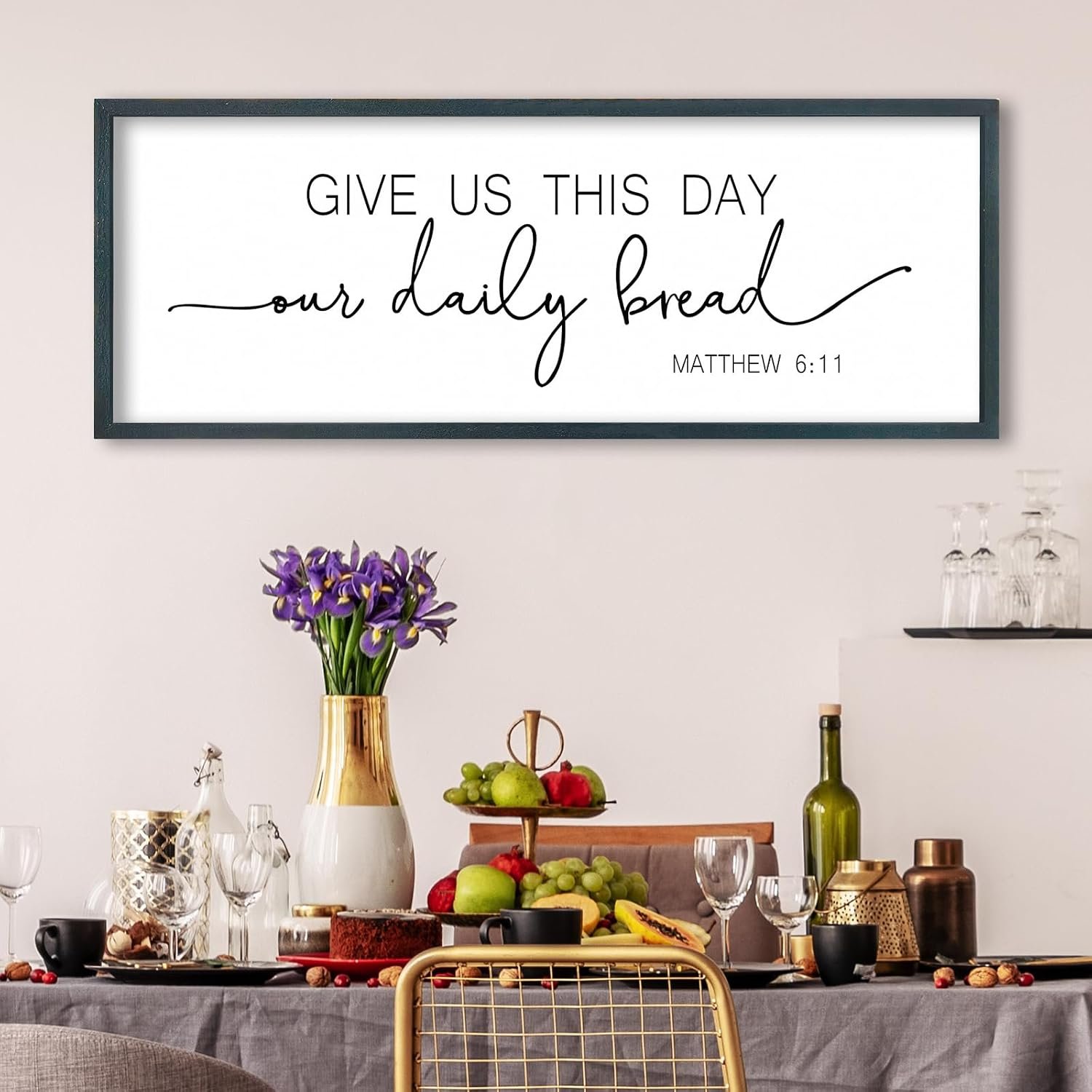 FZMHASLWW Give Us This Day Our Daily Bread Sign Wall Art 32″x12″ Dining Room Kitchen Large for Matthew 6:11 Wood Framed Wall Decor (Black)