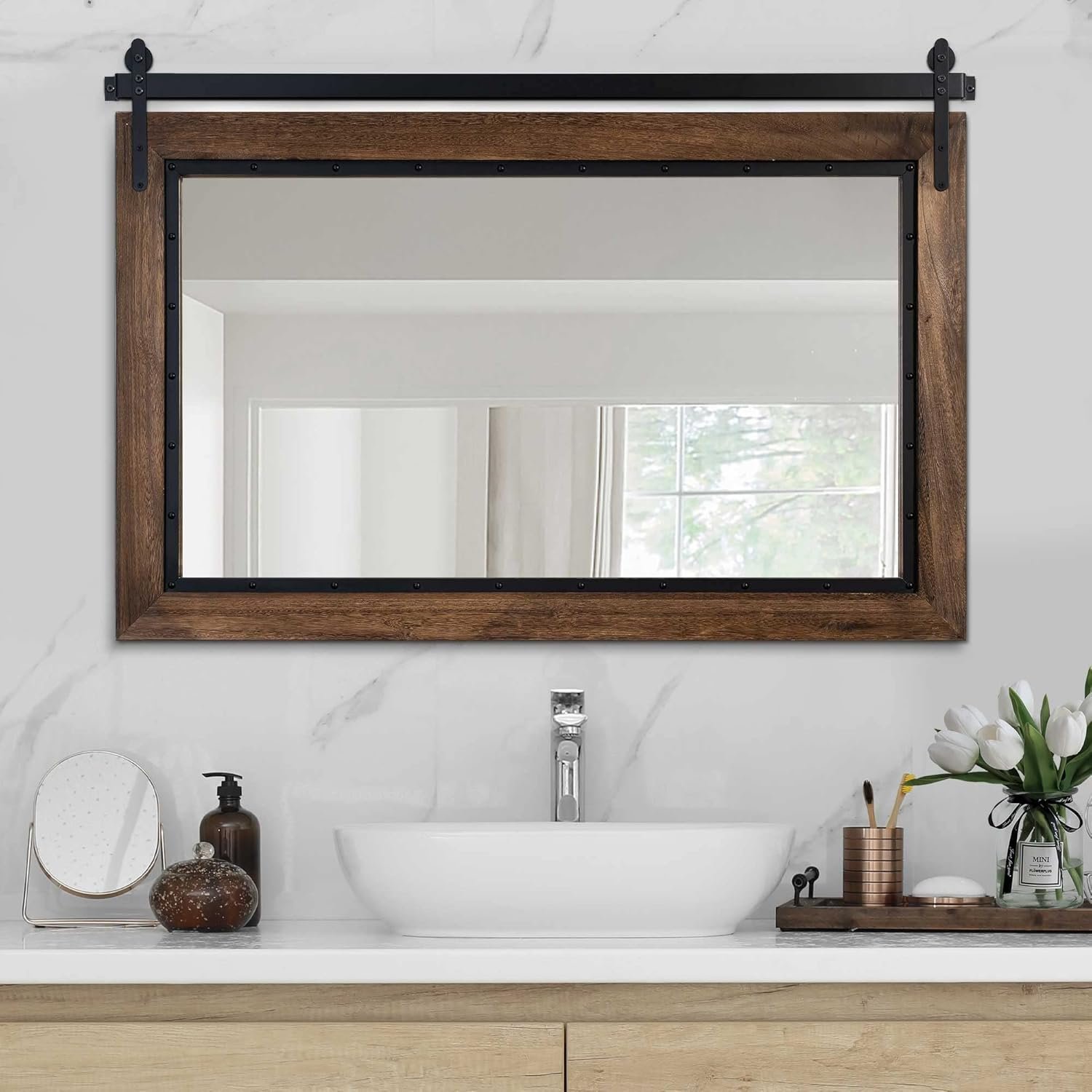 YOSHOOT Farmhouse Barn Door Mirror, 40″x26″ Rustic Bathroom Mirrors, Wood Frame Wall Mounted-Mirror, for Living Room Bedroom Entryway Wall Décor, Horizontal Hanging ONLY