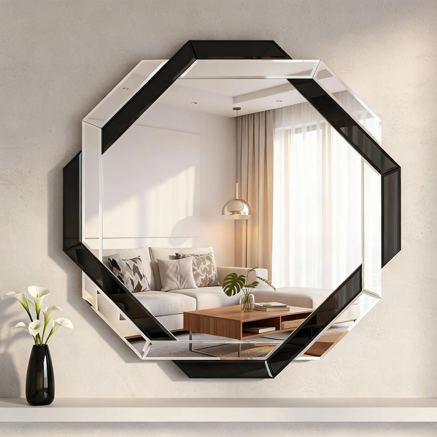 Vercraft Black Bathroom Mirror Decorative Beveled Edge Frameless Mirror Wall Mirrors Hexagon Silver Polished for Wall Bathroom Vanity Room Bedroom Living Room and Enter Way (24″×24″)