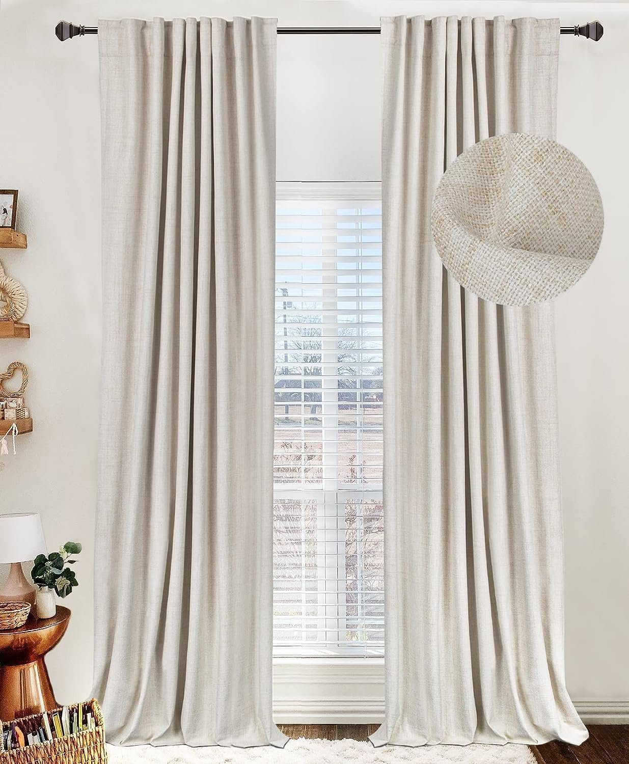 100% Blackout Shield Linen Blackout Curtains for Bedroom 96 Inches Long, Back Tab/Rod Pocket Living Room Drapes, Thermal Insulated Blackout Curtains 2 Panels Set, 50″ W x 96″ L,Cream