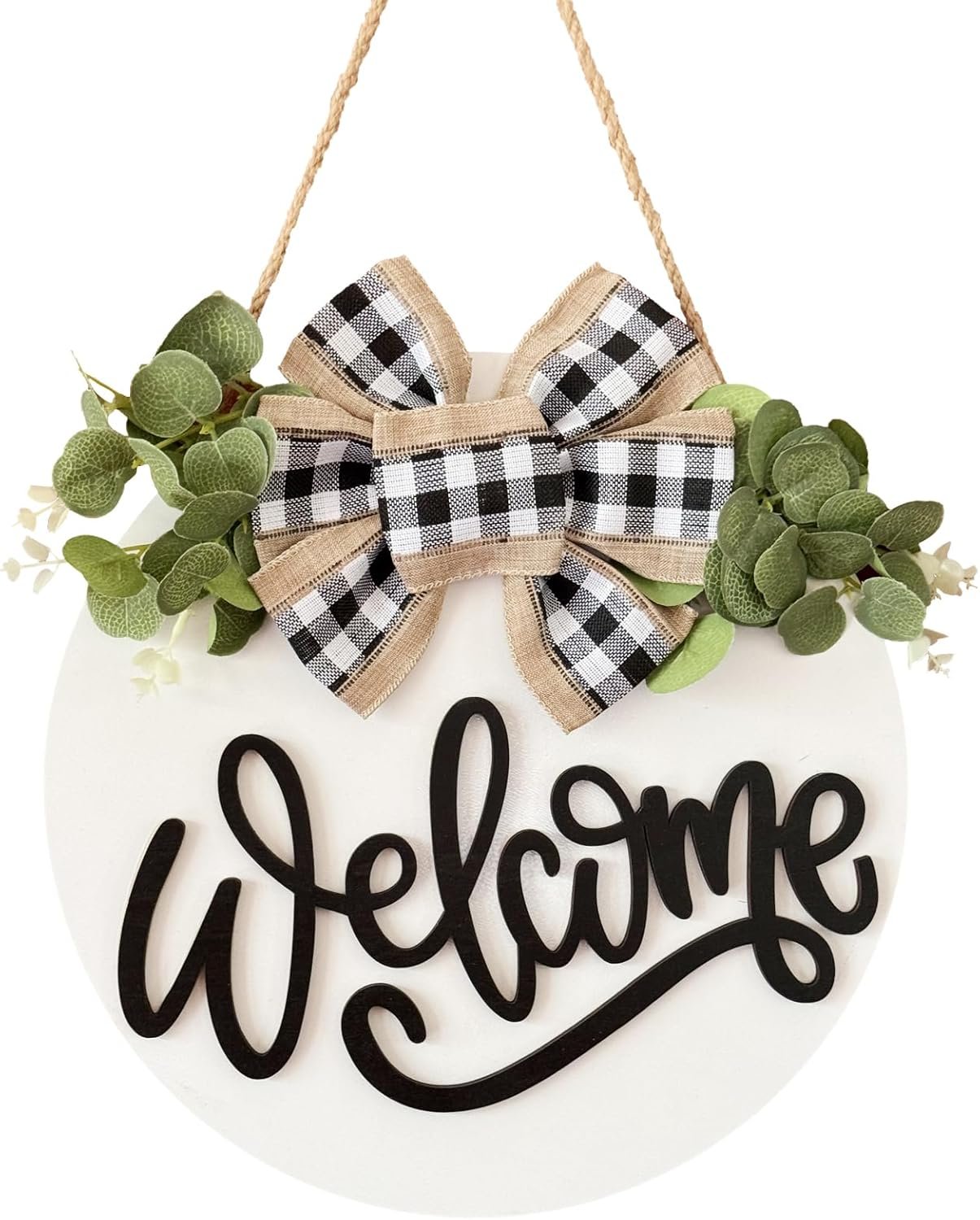 Welcome Sign for Front Door, Decor for Farmhouse Porch, Rustic Welcome Wreaths with Hanging Beads and Round Wooden Hanging Housewarming Gift for Home Outdoor Indoor (White)