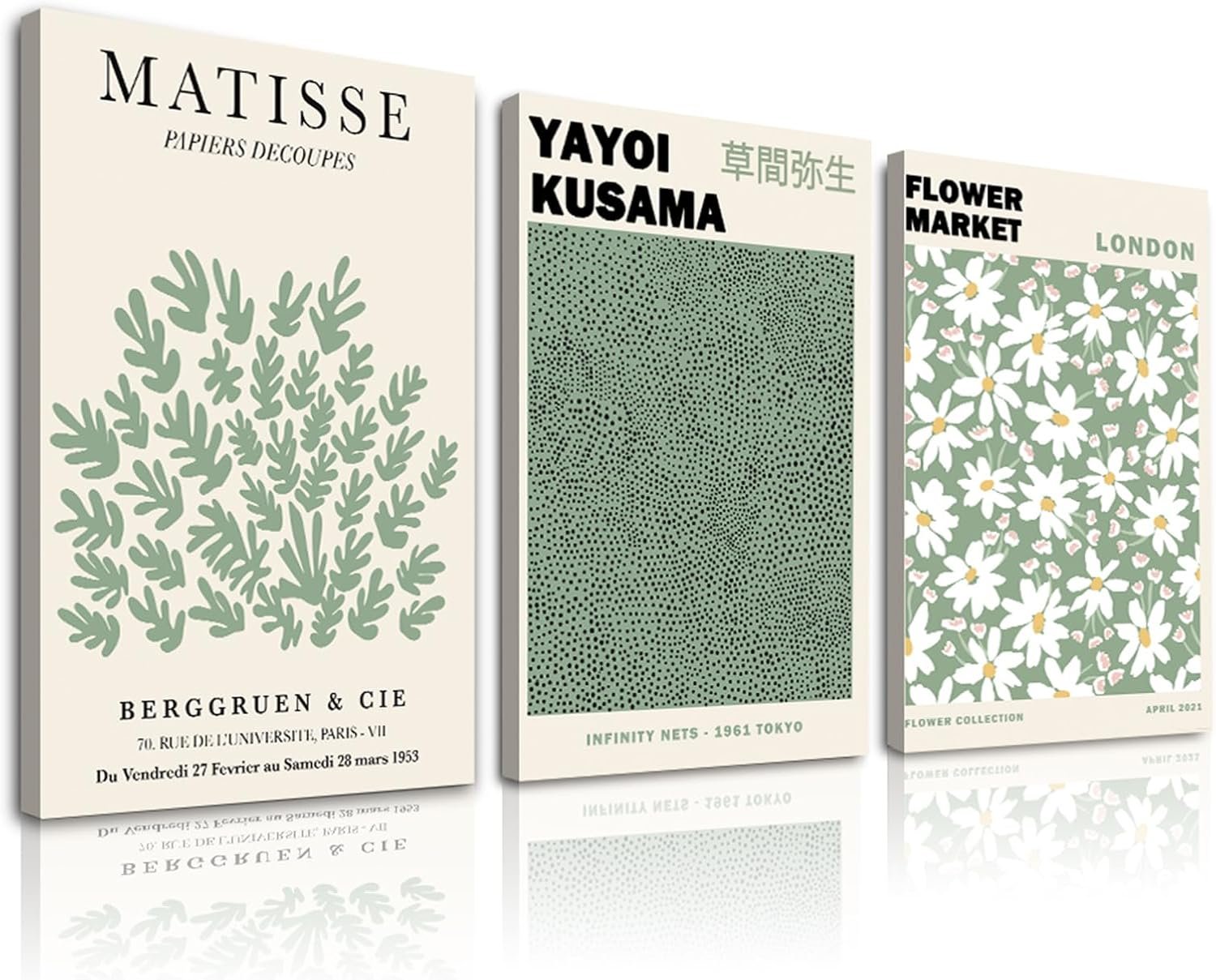 Sage Green Wall Art Framed Set of 3,Abstract Green Wall Decor Flower Market Wall Art Prints,Green Matisse Wall Art Minimalist Modern Wall Decor Living Room,Beige Green Boho Botanical Wall Art for Bedroom Bathroom-“12″x”16”