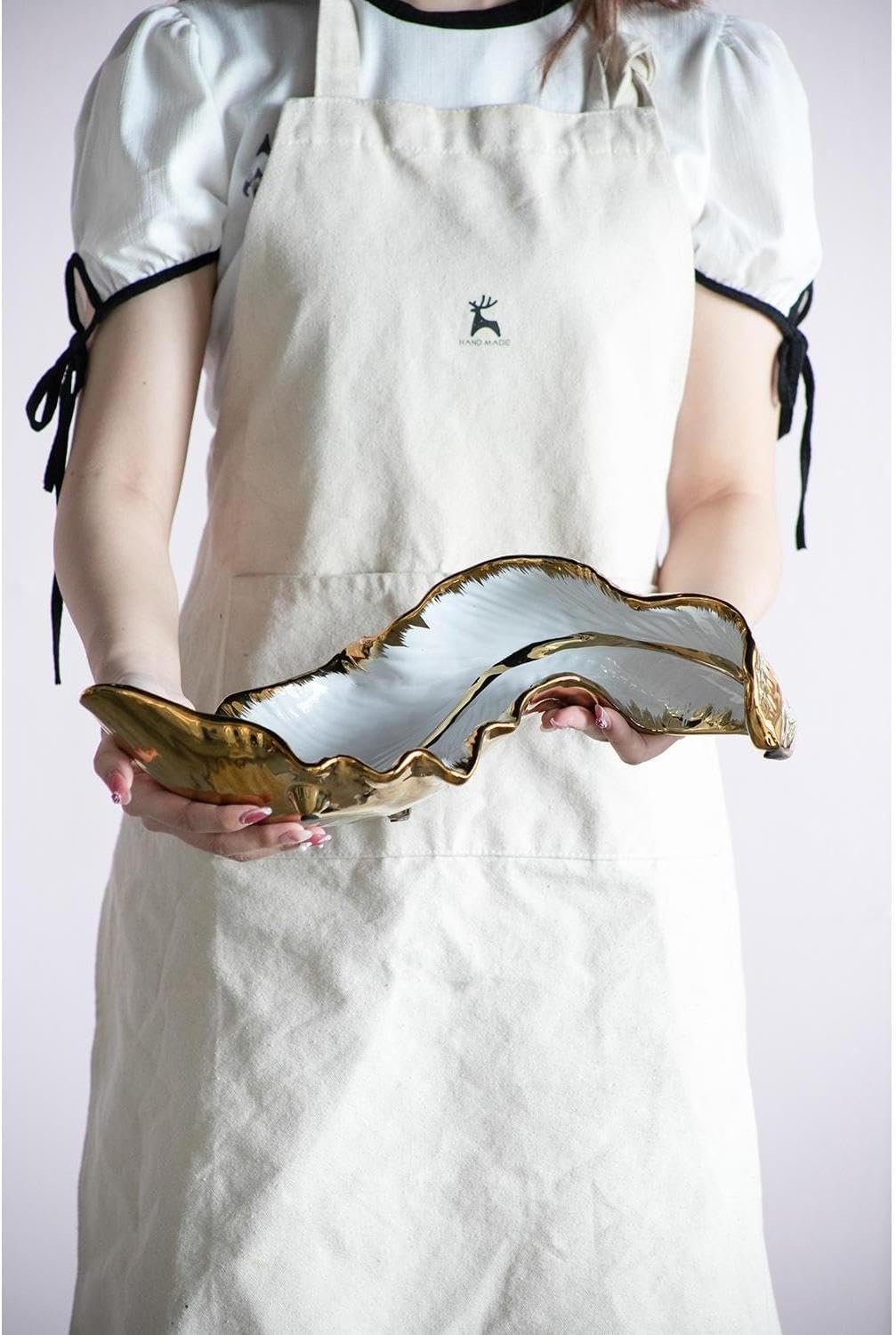 White and Gold Ceramic Leaf Centerpiece Contemporary Home Decor Accent for Tabletop Dresser Mantel Countertop 15.5” x 6”