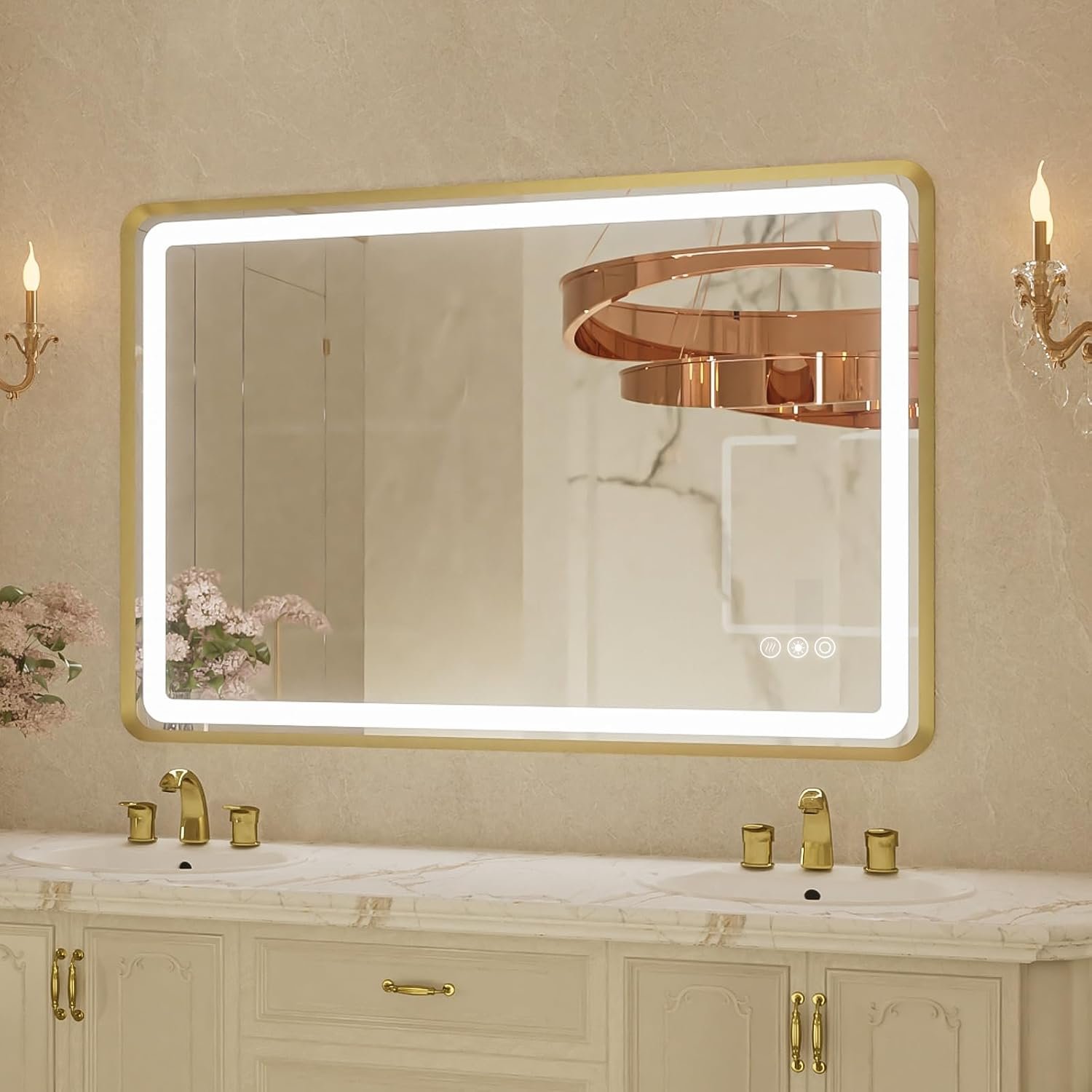 24×36 Inch LED Bathroom Mirror with Gold Metal Frame, Front and Backlit Vanity Mirror, Stepless Dimmable Wall Mirrors with Anti-Fog, 3 Colors, Memory Function, Waterproof, LED Smart Bathroom Mirror