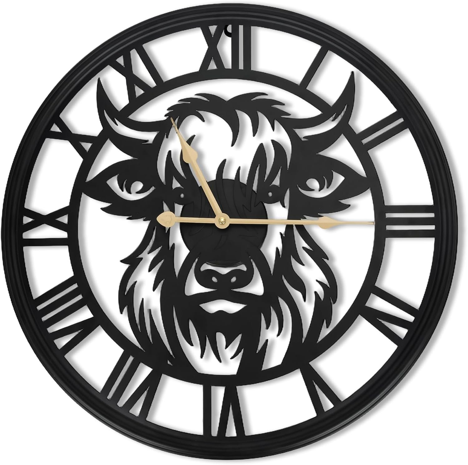 Large Wall Clock,20 inch wall Clock,Wall Clocks for Living Room Decor,Black Metal Decorative wall Clock,Wall Clocks Battery Operated for Bedroom,Kitchen(Highland Bull Wall Clock, 20 Inch)