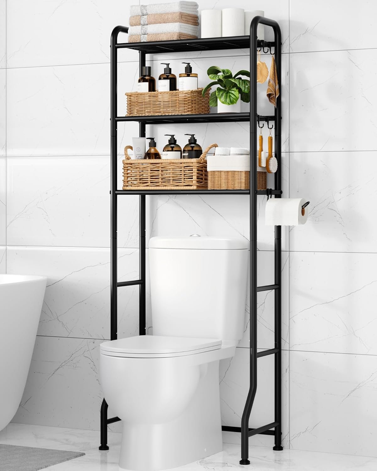 Kitsure Over Toilet Storage Rack – Metal Over Toilet Bathroom Organizer Shelf, Over the Toilet Storage Cabinet with Paper Holder and Hooks, Bathroom Cabinet for Laundry, Black, 3 Tiers (63.2″ H)