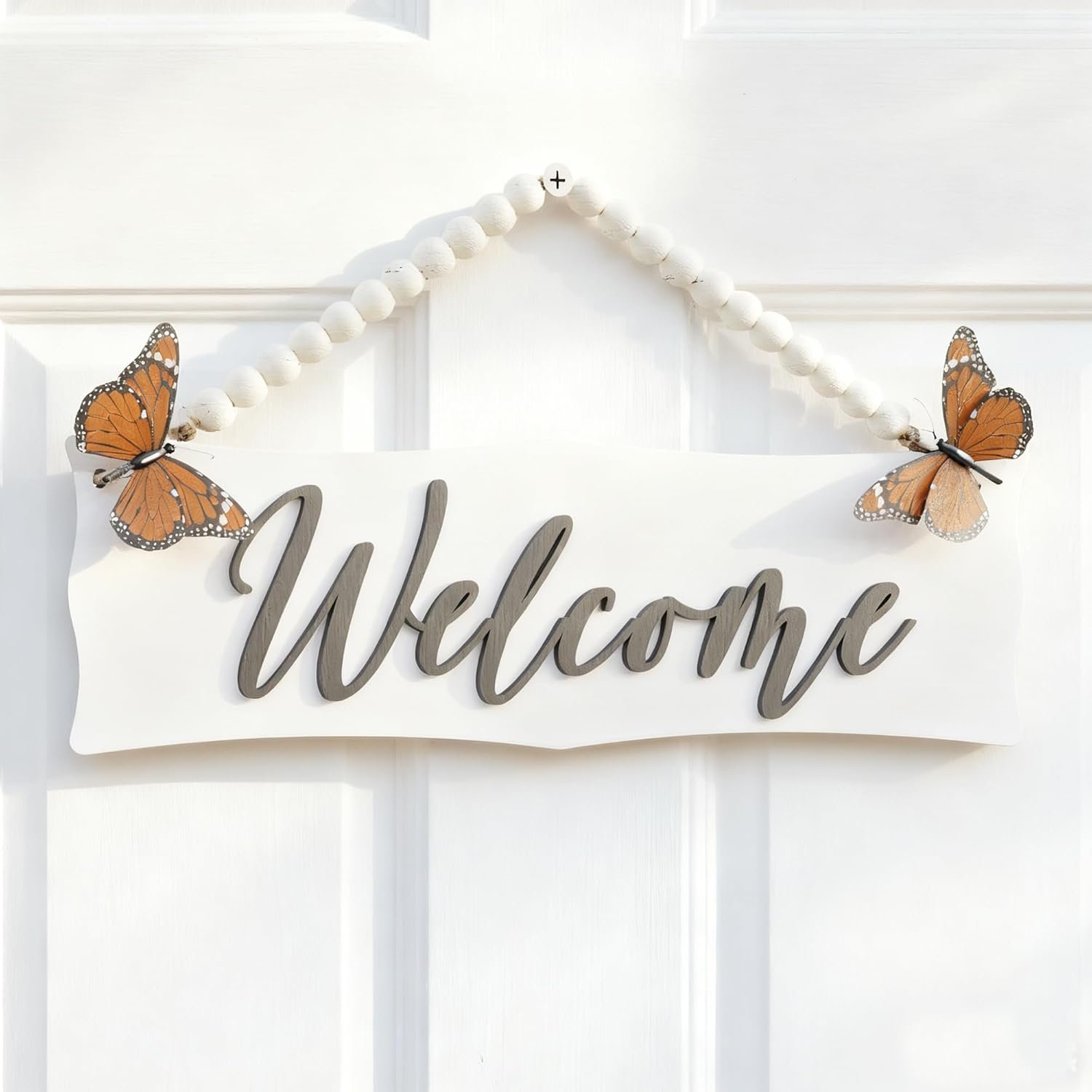 Wooden Welcome Sign for Front Door with Vivid Butterflies and Wood Beads String, 13″x3.6″ Rustic Indoor Outdoor Hanging Wall Decor, Farmhouse Wreath for Porch, White