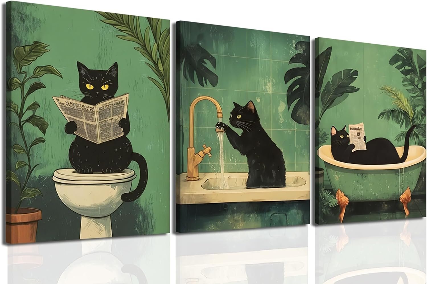 Funny Bathroom Black Cat Wall Art Set of 3, Whimsical Animal Bathroom Wall Decor Painting Maximalist Quirky Dark Pet Cat Toilet Canvas Poster Prints Aesthetics, Framed 12×16 inch