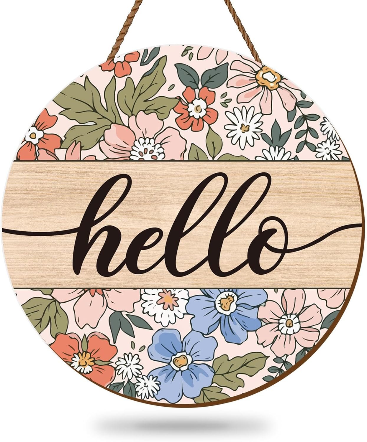 Whaline Vintage Hello Front Door Sign Boho Flower Welcome Wall Sign Colorful Floral Wooden Hanging Wreath for Spring Summer Holiday Indoor Outdoor Farmhouse Home Porch Window Decor