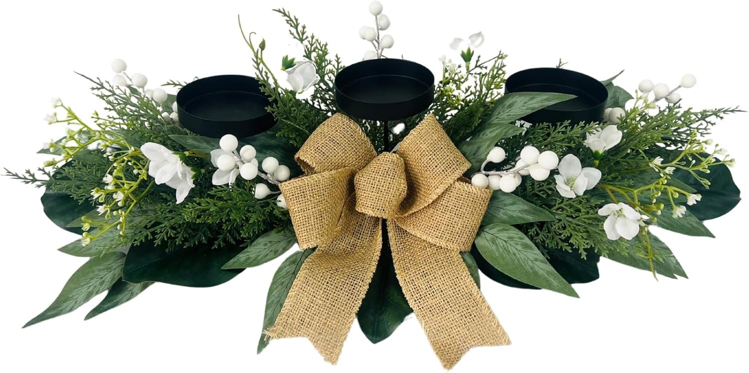 Svndlyn Candle Holders Centerpiece for Dining Table, 3 Wick Holder with Artificial Gypsophila,Magnolia,Holly Berries – Elegant Floral Arrangement for Seasonal Home Decor Table Centerpiece