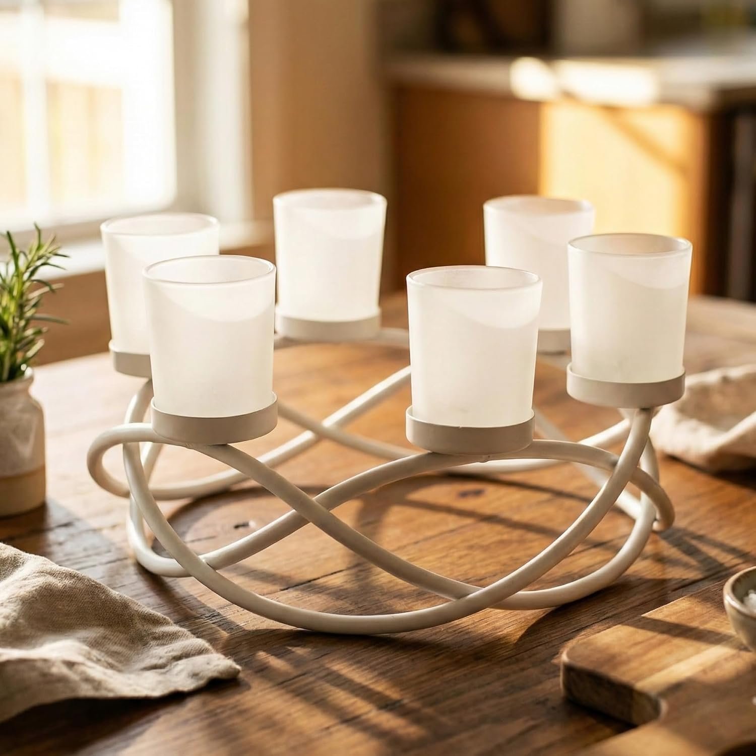 Seraphic Centerpieces for Table Decorations – Round Candle Holders for Outdoor Patio, Dining, Kitchen, Coffee & Wedding Table Decor, White Iron Candelabra, 6 Frosted Glass Votive Tealight Cups