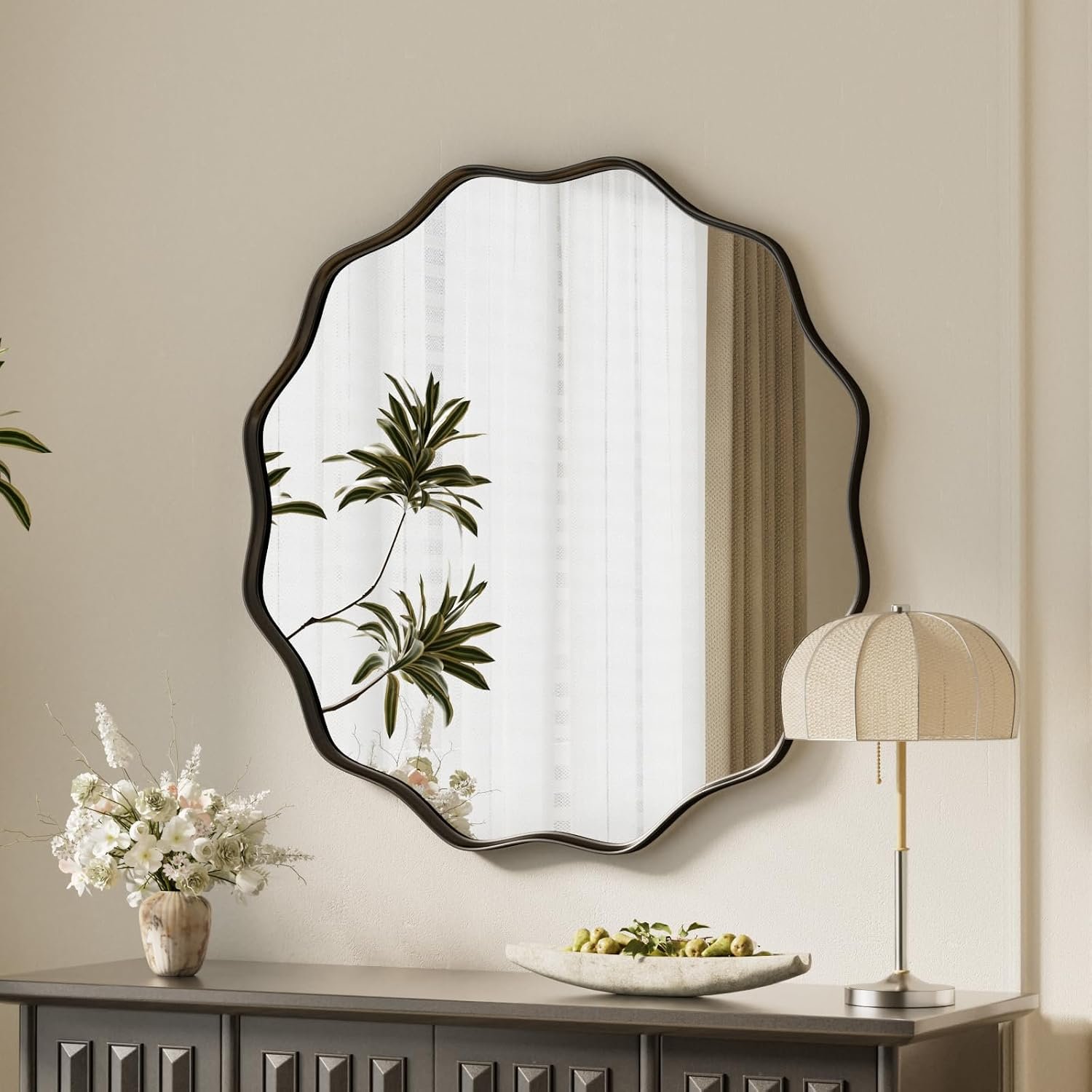 VooBang Black Scalloped Circle Mirror, 20″ Wavy Edge Round Wall Mirror with Tempered Glass Textured Circular Metal Deep Frame, Hanging Leaning for Bathroom, Hallway, Entryway, Livng Room