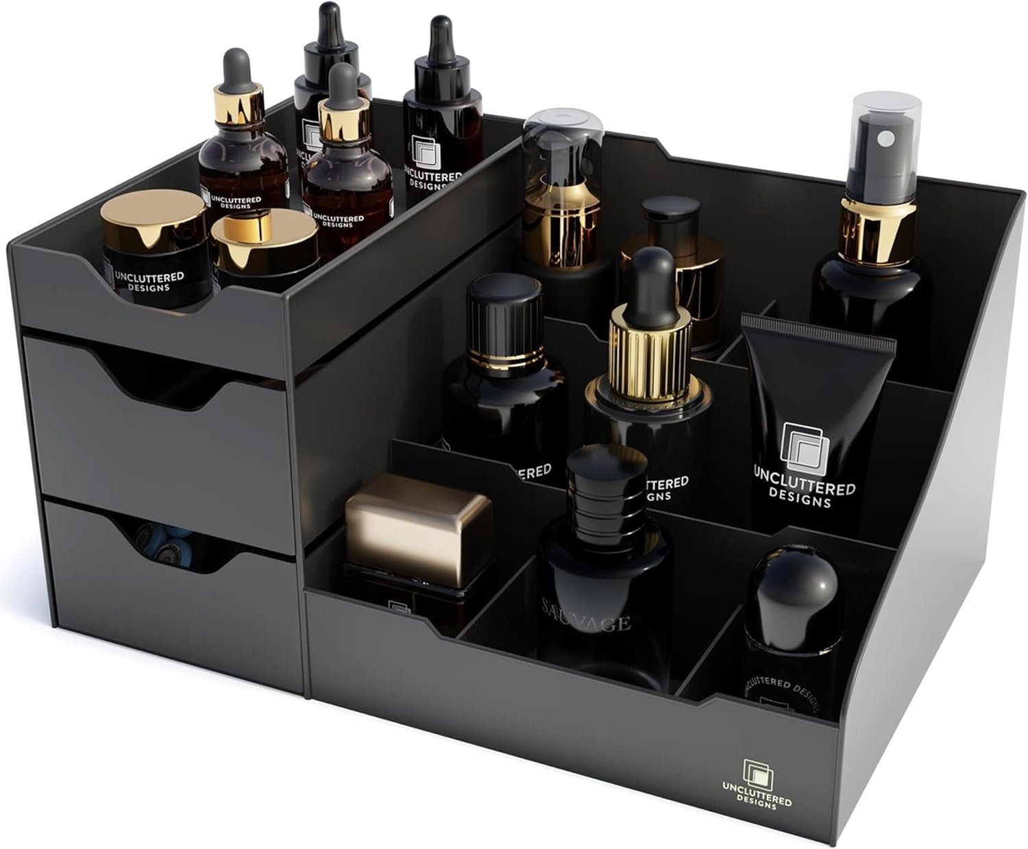 Uncluttered Designs Large Black Vanity Organizer – Countertop Mens Organizer With Drawers for Cologne, Deodorant, Beard, Shaving Lotion, Perfume & Skincare – Perfect for Bathroom & Bedroom Storage