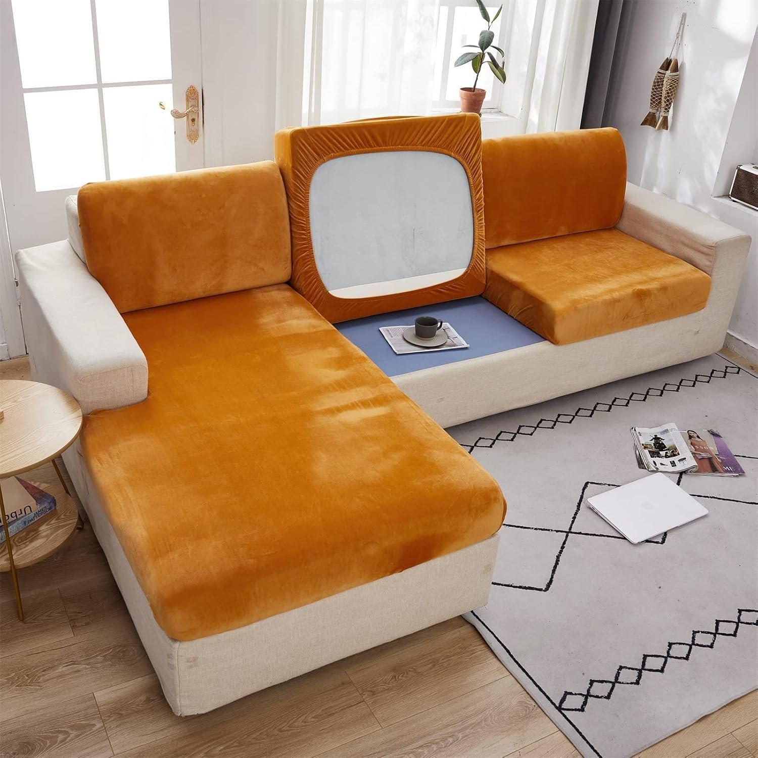 MIFXIN Velvet Stretchy Couch Cushion Slipcover Sofa Cover Universal Wear-Resistant L Shape Sectional Sofa Backrest Cushion Cover Furniture Protector with Elastic Bottom (Orange, Back Cover)