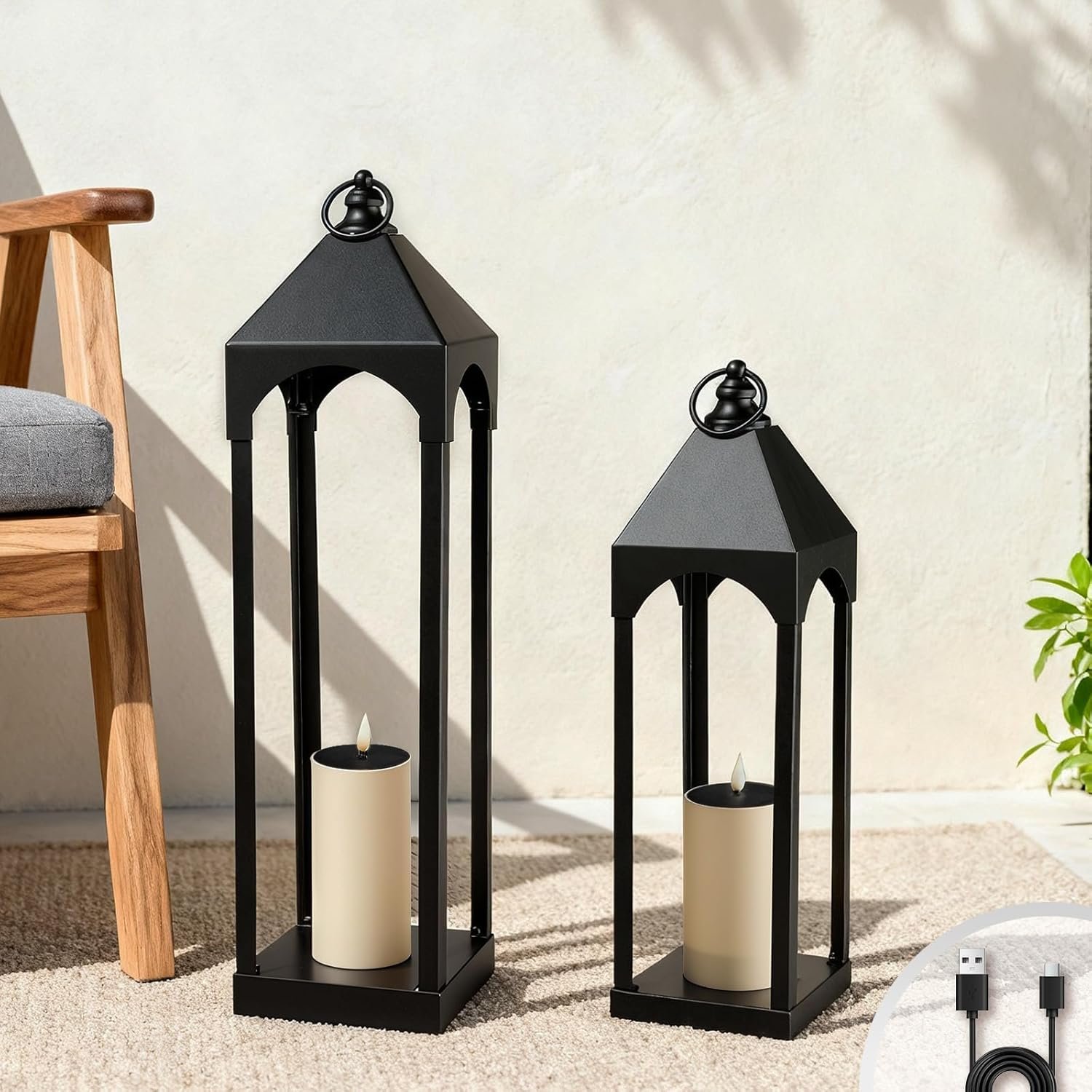 Large Solar Outdoor Lanterns, 24″ & 18″ Tall Black Metal Waterproof Decorative Candle Lantern for Front Porch Patio Table Indoor , Set of 2