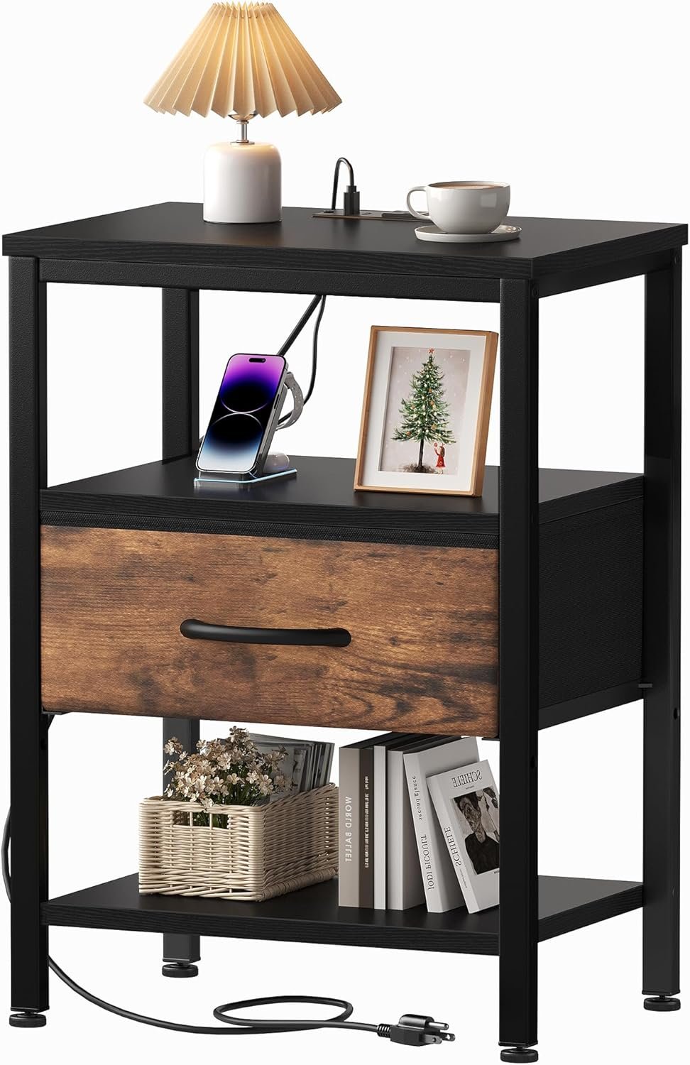 OLIXIS Nightstand with Charging Station, Bedside Tables with USB Ports and Fabric Drawer, Small Night Stand with Open Adjustable Shelf, Compact End Table for Bedroom, Black & Rust