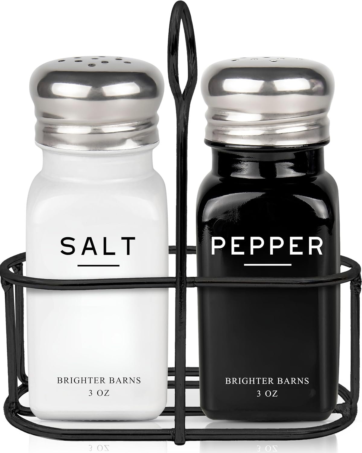 Farmhouse Salt and Pepper Shakers Set with Holder by Brighter Barns – Modern Kitchen Decor and Accessories, Dining Table Decor – Cute Glass Salt Shaker with Caddy for Restaurants, Gifts (Black/White)