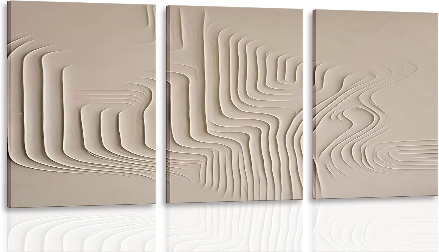 3Pcs Framed Beige Cream Abstract Textured Line Art Curved Canvas Wall Art Prints Posters Pictures Paintings Wall Decor for Minimalist Boho Living Room Bedroom Office Decoration